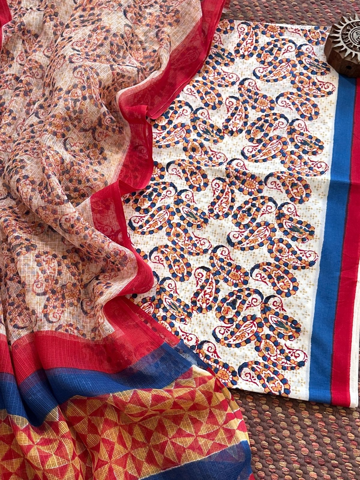 Pure Handblcoked Cotton Unstitched Set with Handblocked Kota Dupatta