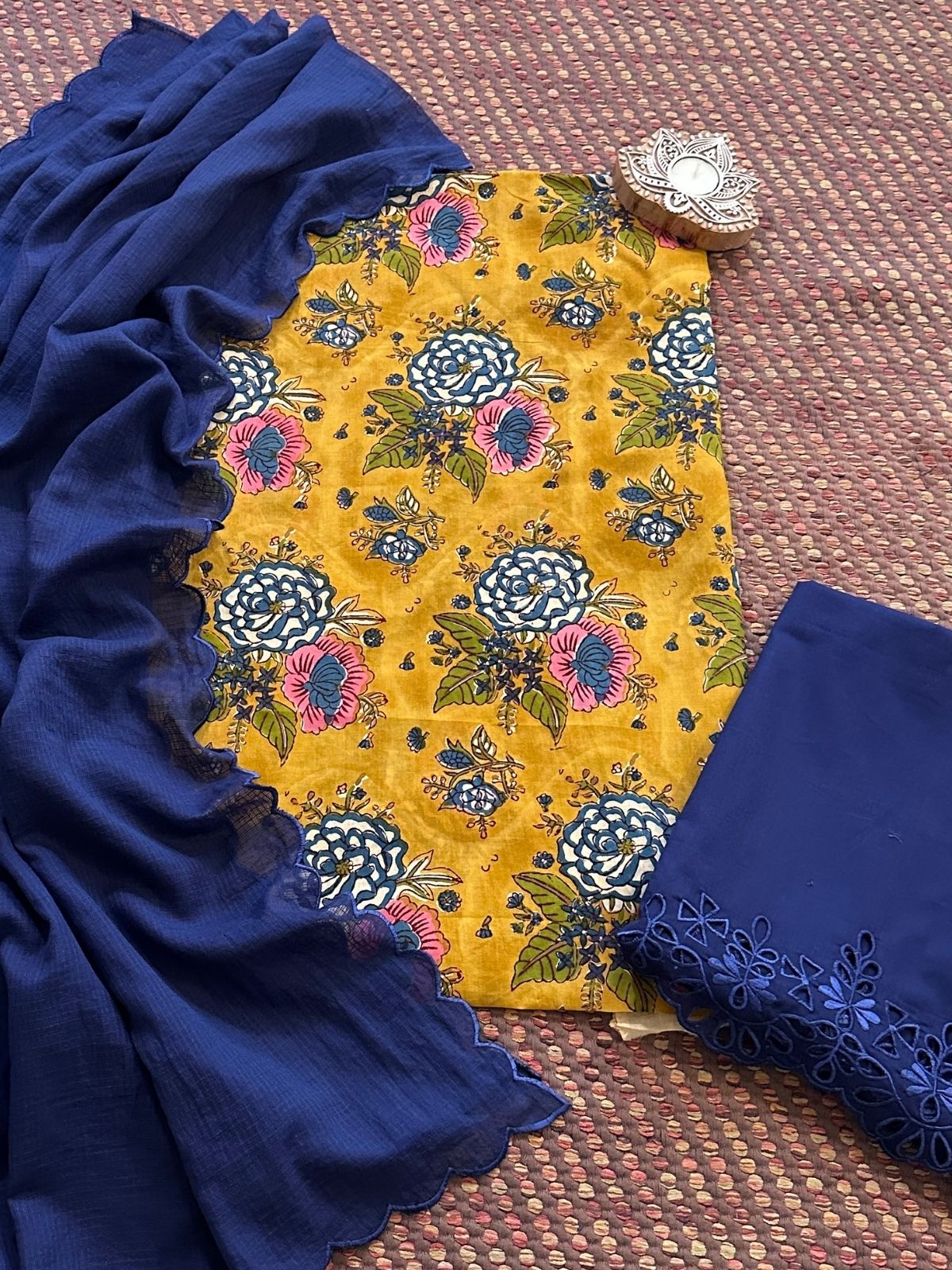 Pure Cotton Malmal Hand-blocked Fabric with Cutwork Bottom & Kota Doria Dupatta