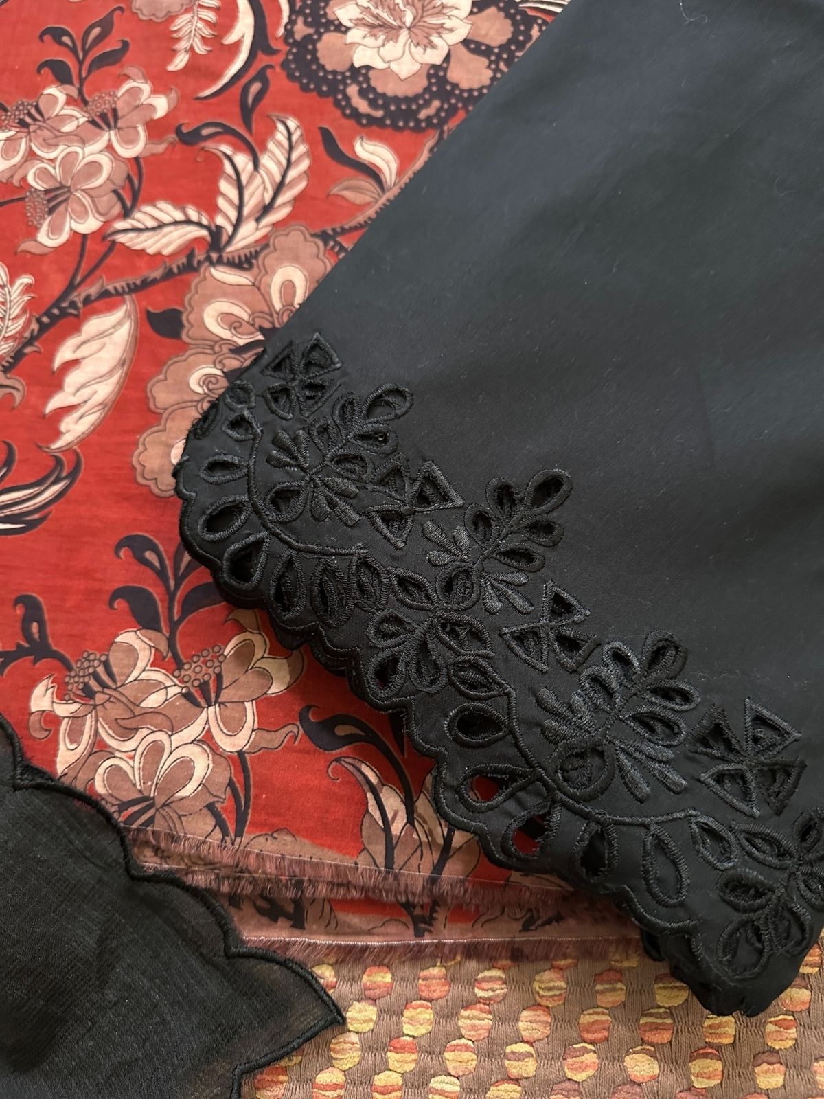 Pure Cotton Premium Malmal Unstitched Set with Cutwork Bottom