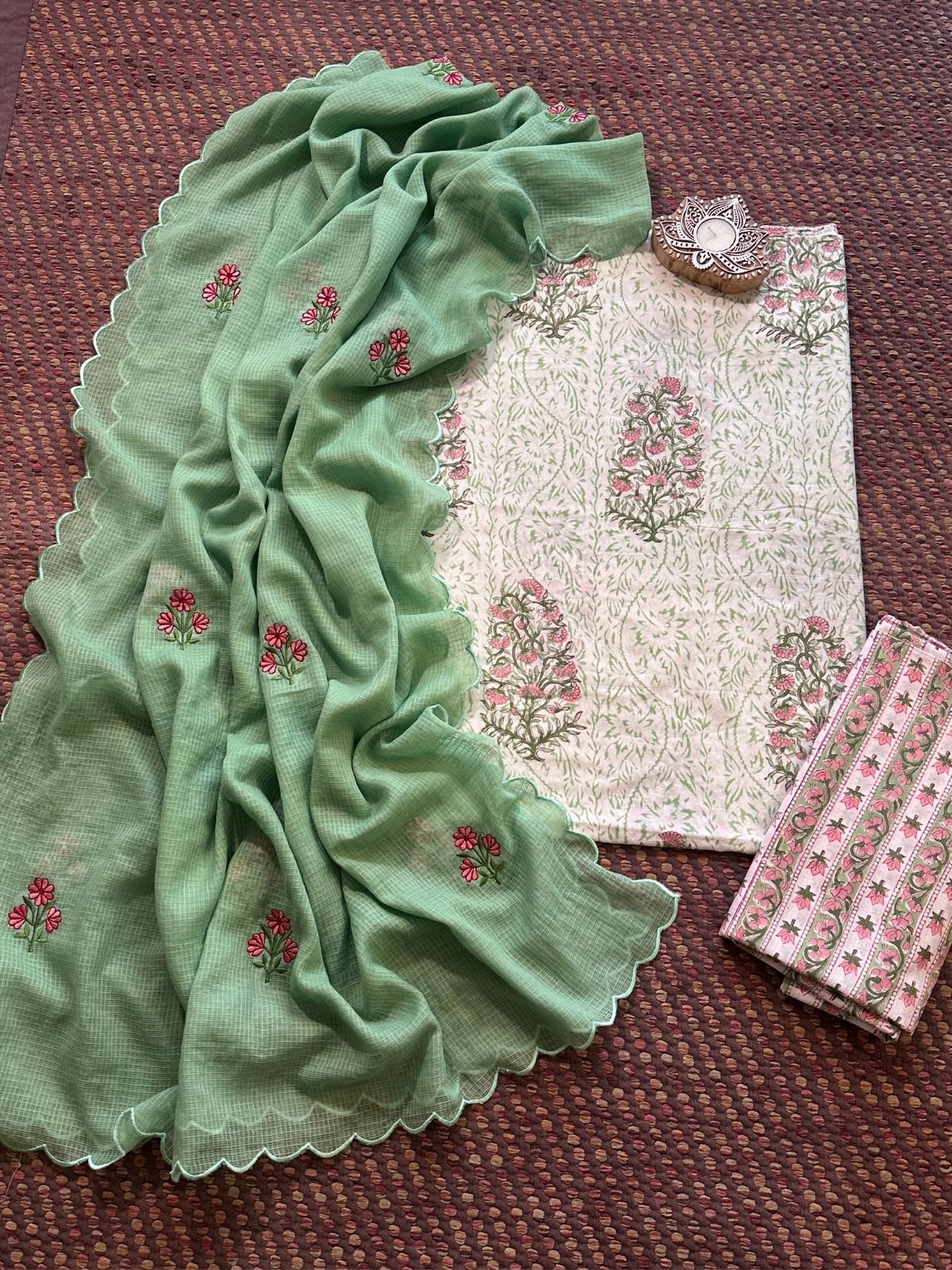 Pure Cotton  Hand blocked Set with Embroidered Dupatta
