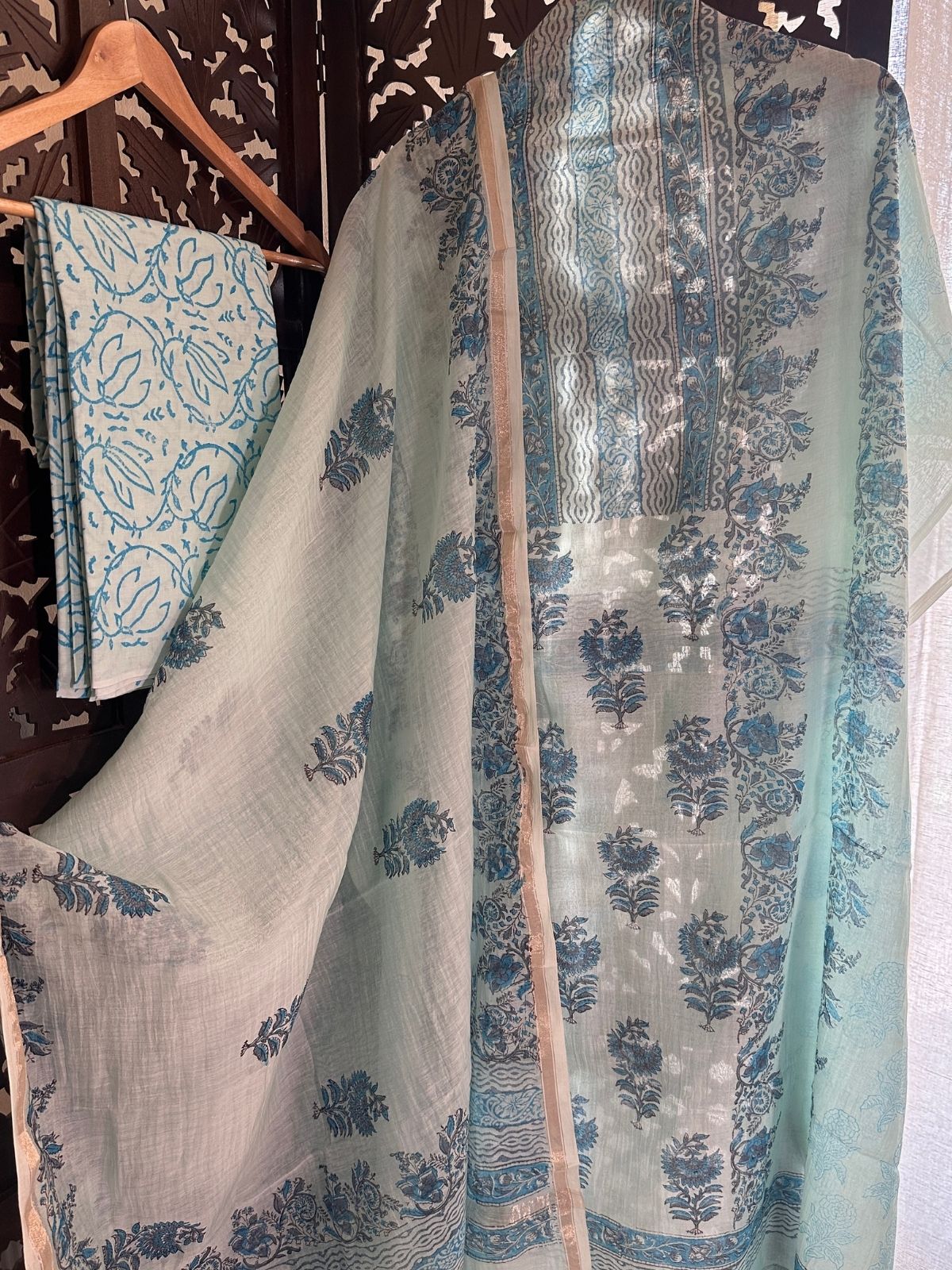 Premium Hand-blocked Malmal Maheswari Unstitched Set
