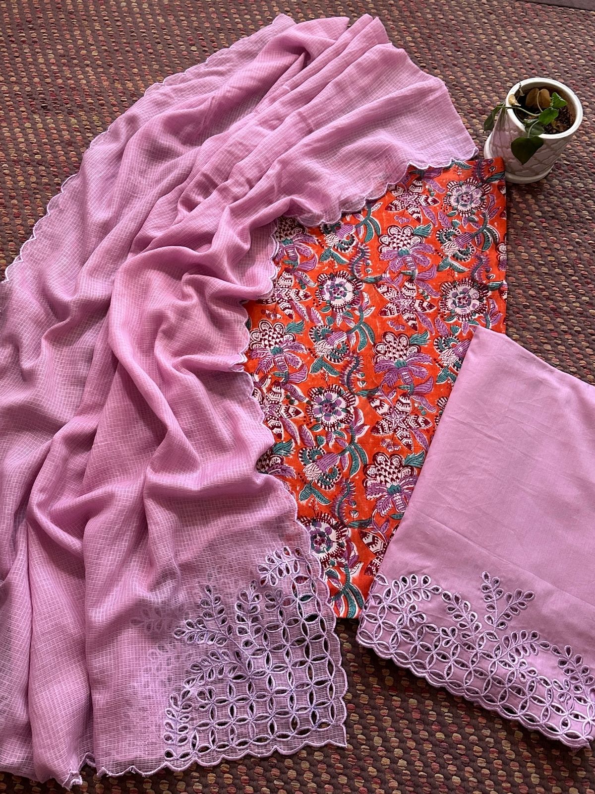 Pure Cotton Hand-blocked Fabric with Cutwork Bottom & Kota Doria Dupatta