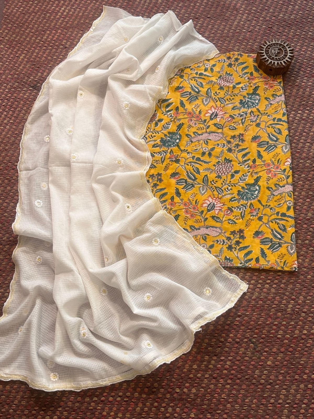 Pure cotton hand-blocked fabric with kota doria embroidered dupatta