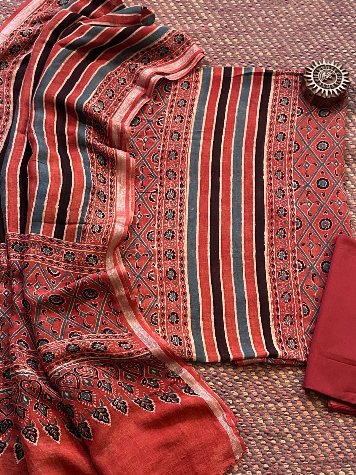 Linen Ajrakh Hand- Block Unstitched Set