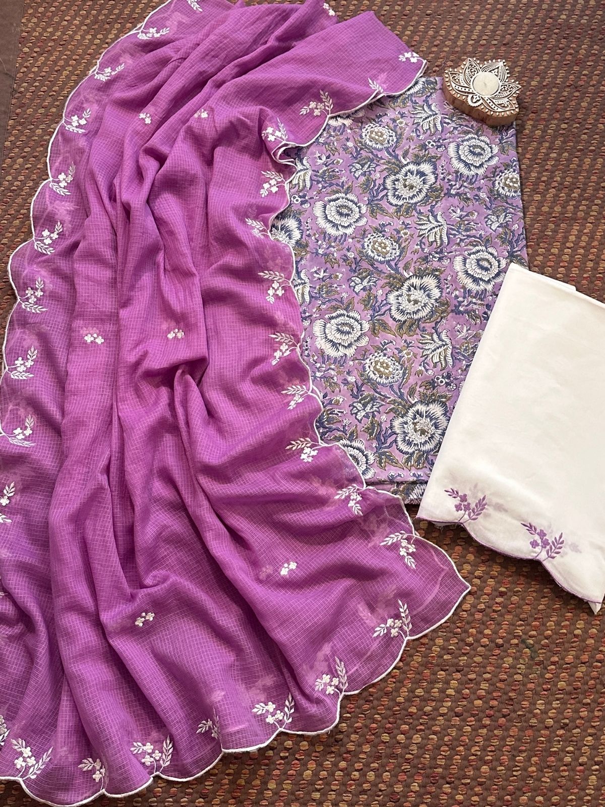 Pure Cotton Hand-block Fabric with Embroidered Bottom & Kota Doria Dupatta