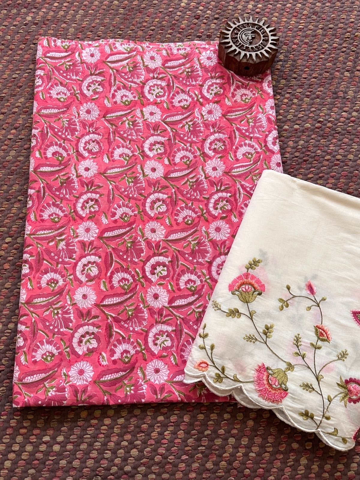 Pure Cotton Hand-blocked Fabric with Embroidered Bottom
