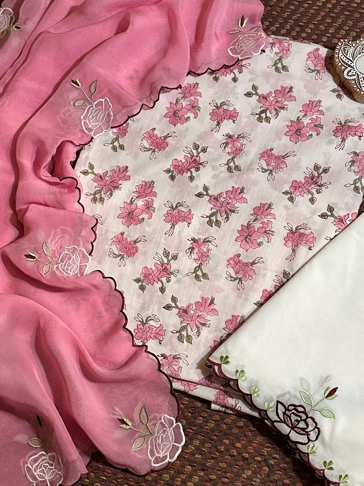 Pure Cotton Handblocked unstitched fabric with Embroidered Organza Dupatta & cotton cambric bottom.