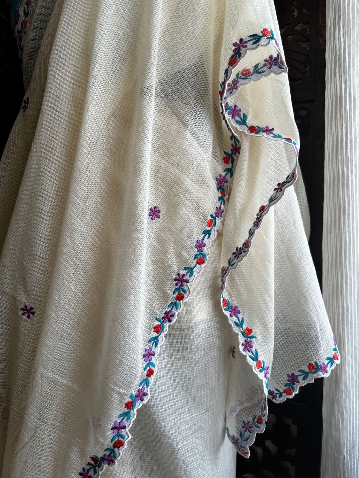 Kota Doria Embroidered Saree with Hand Block Blouse fabric