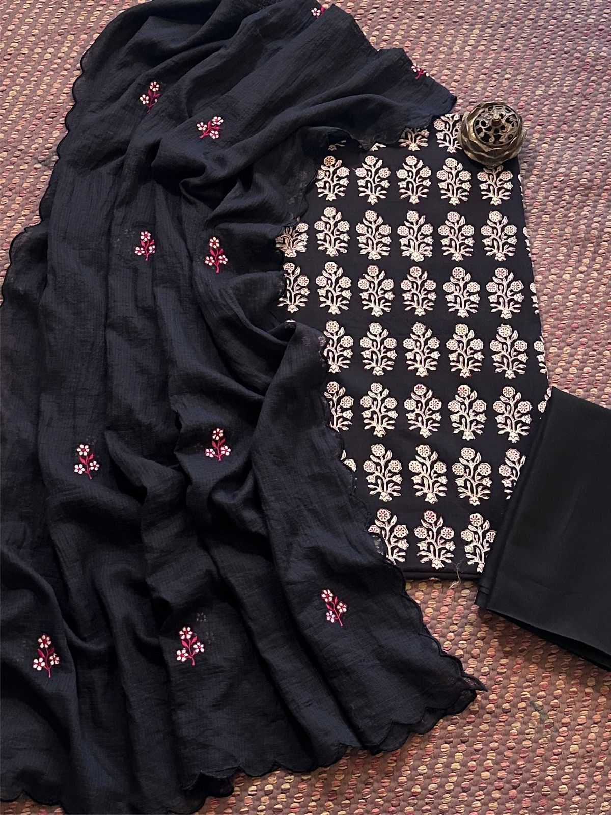 Pure Cotton Hand-block Fabric with Embroidered Bottom & Kota Doria Dupatta