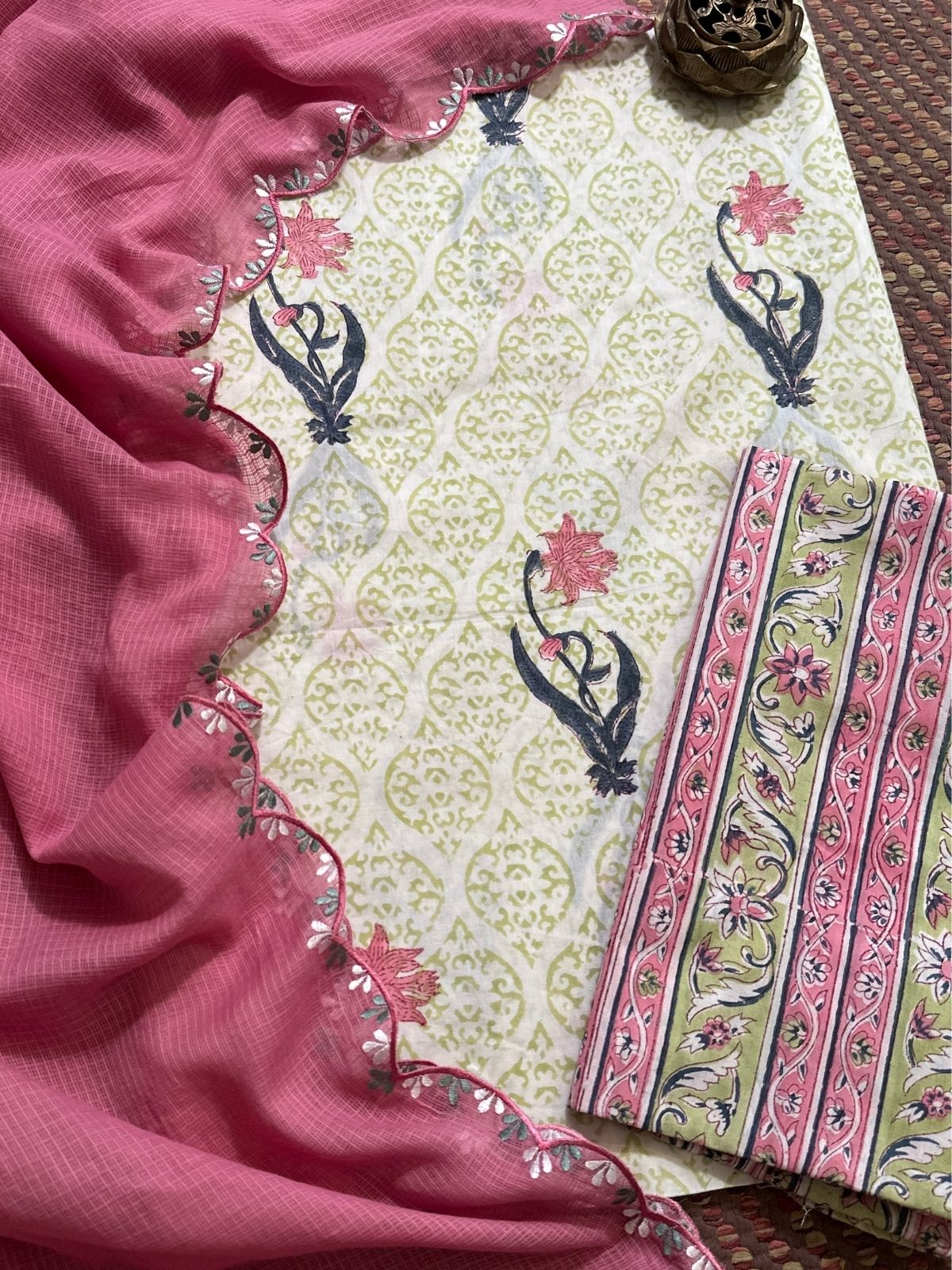 Pure Cotton Hand-blocked Set with Embroidered Dupatta