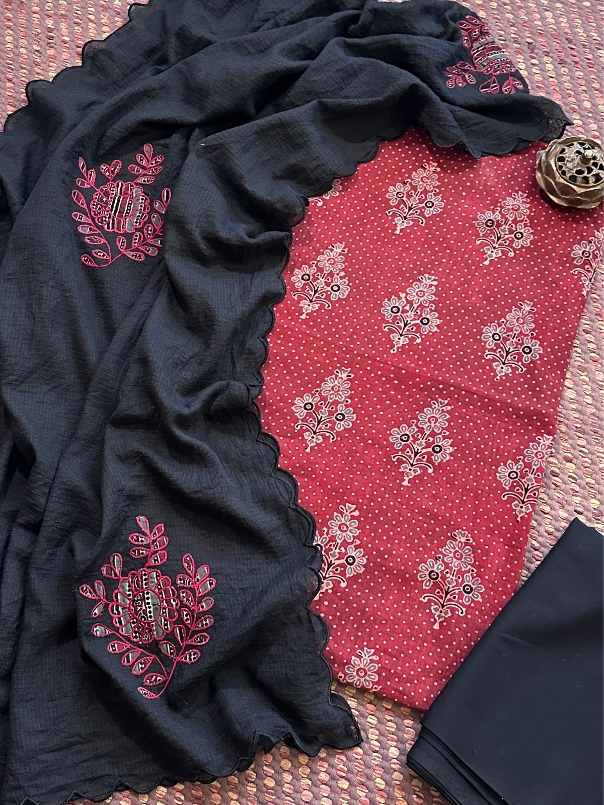 Ajrakh Cotton Malmal Unstitched Set with Applique Kota Dupatta