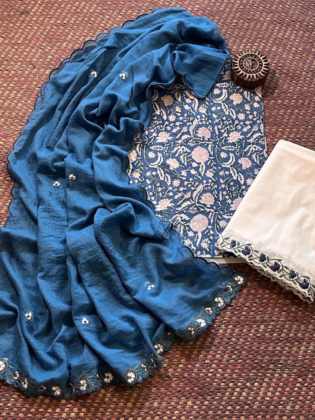 Pure Cotton Hand-block Fabric with Embroidered Bottom & Kota Doria Dupatta