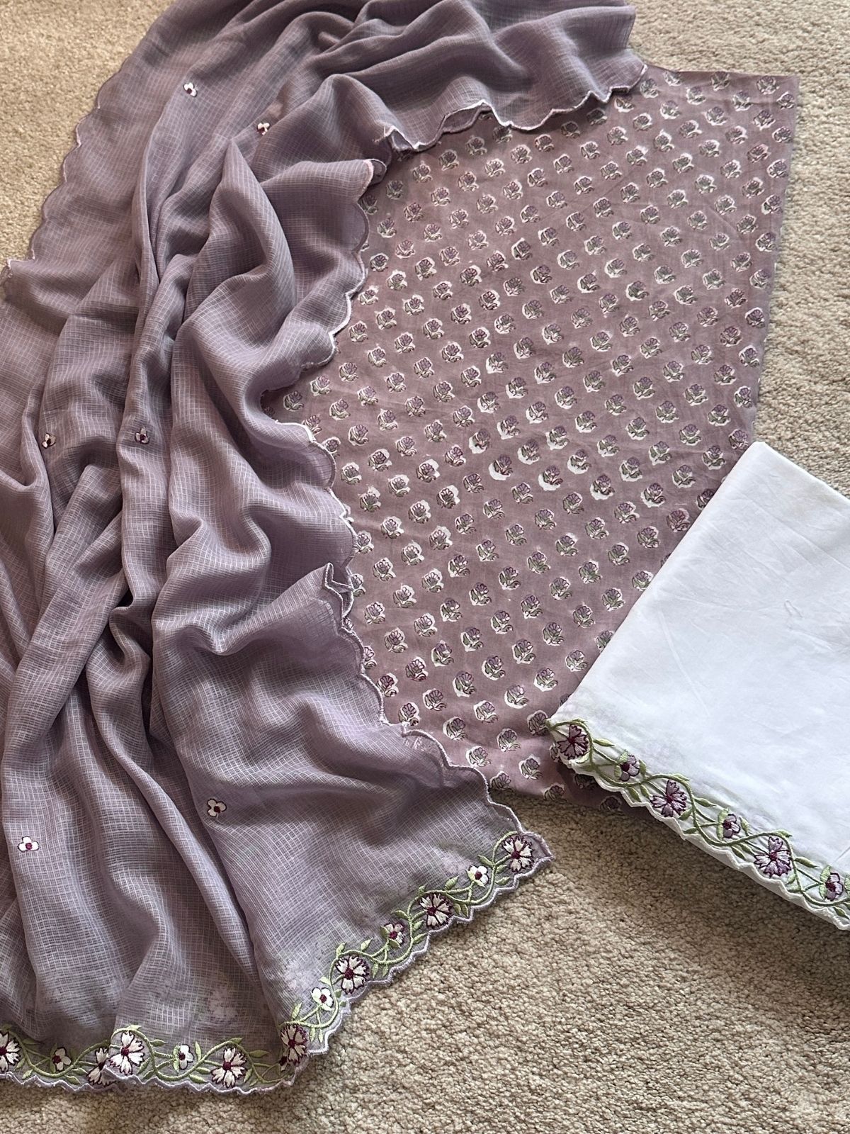 Sandhya Set- Sanganeri Kurta fabric with Embroidered Bottom and Dupatta