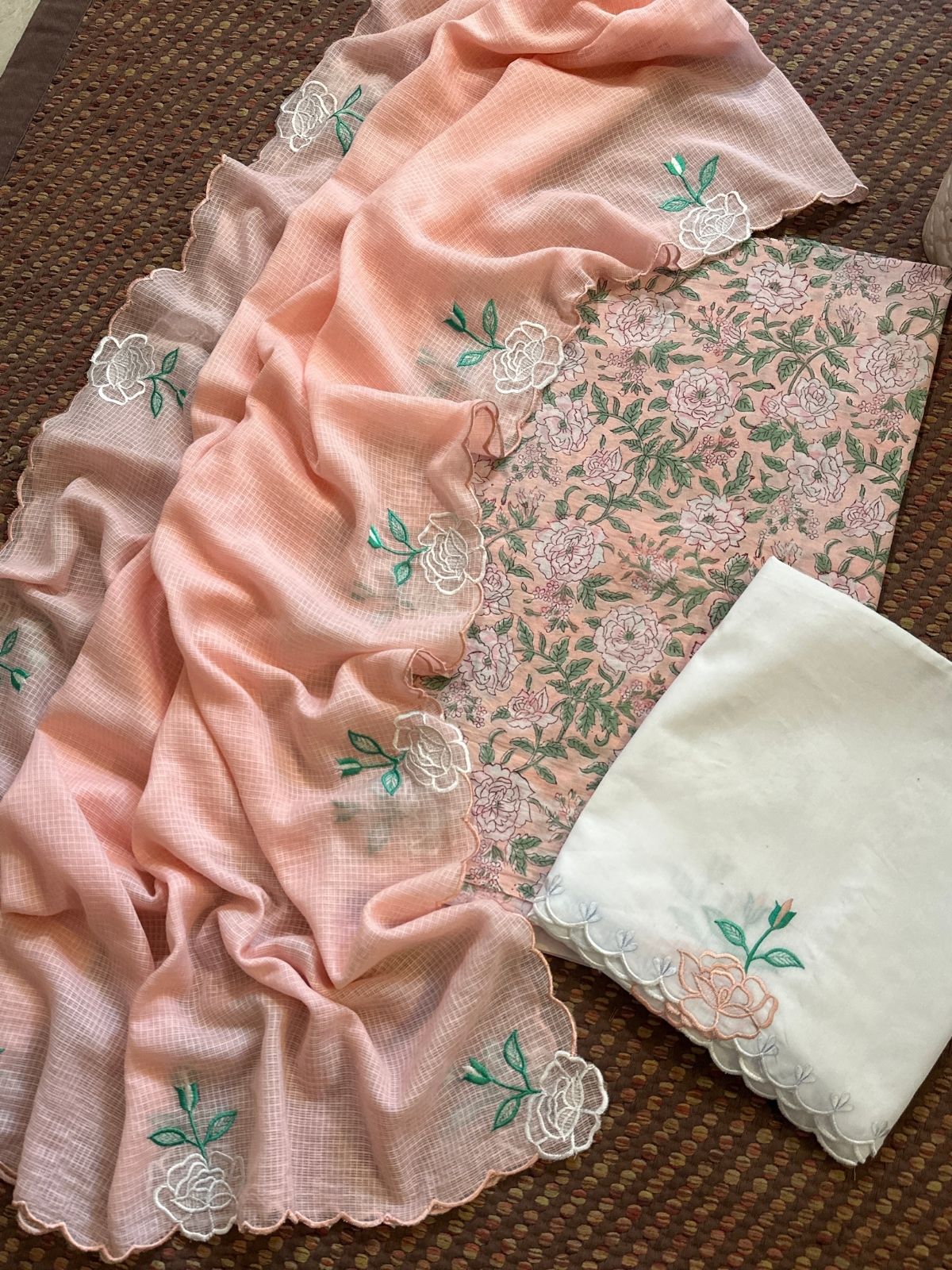 Pure Cotton Hand-block Fabric with Embroidered Bottom & Kota Doria Dupatta