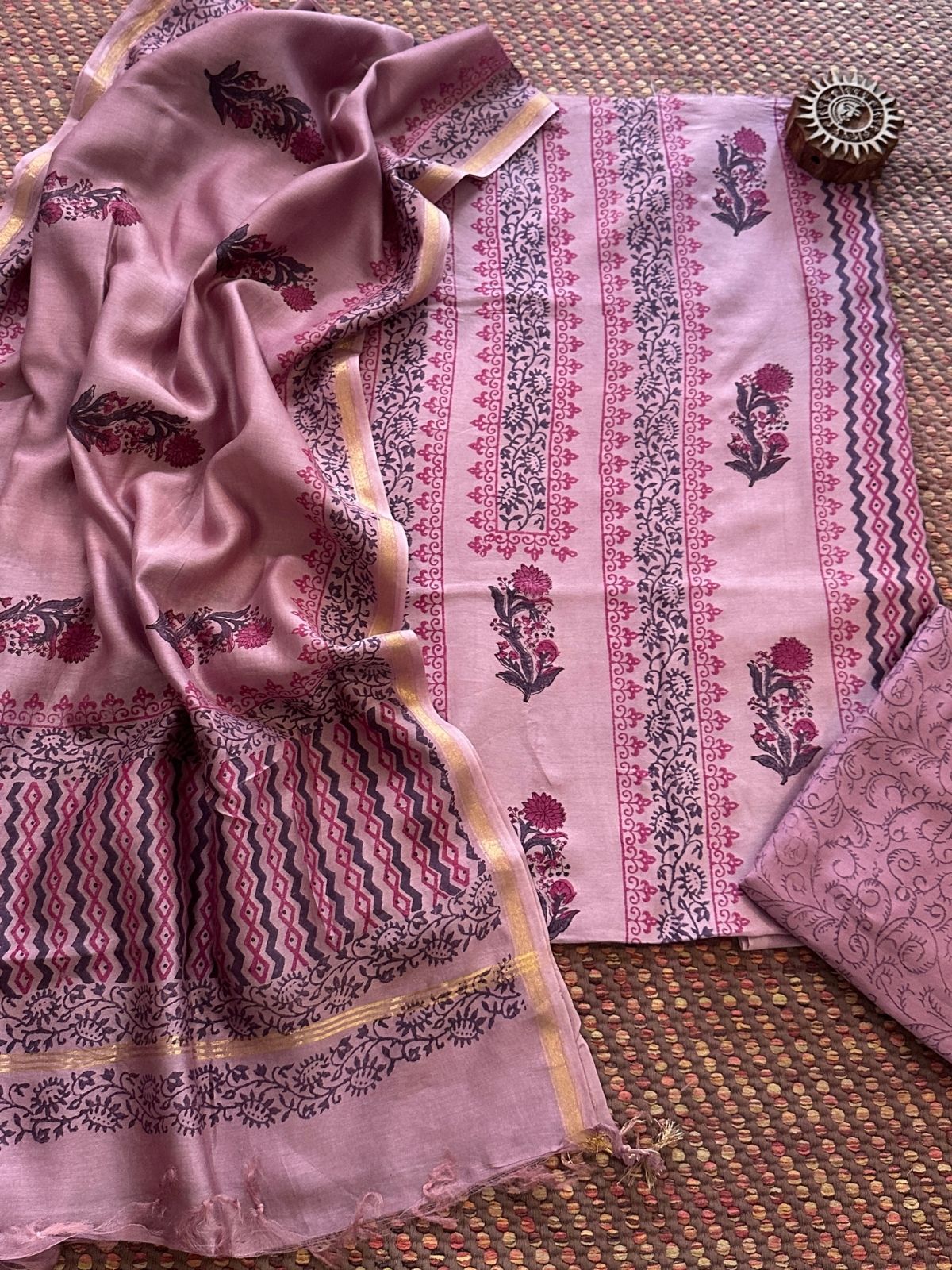 Hand-blocked Maheswari Unstitched Set