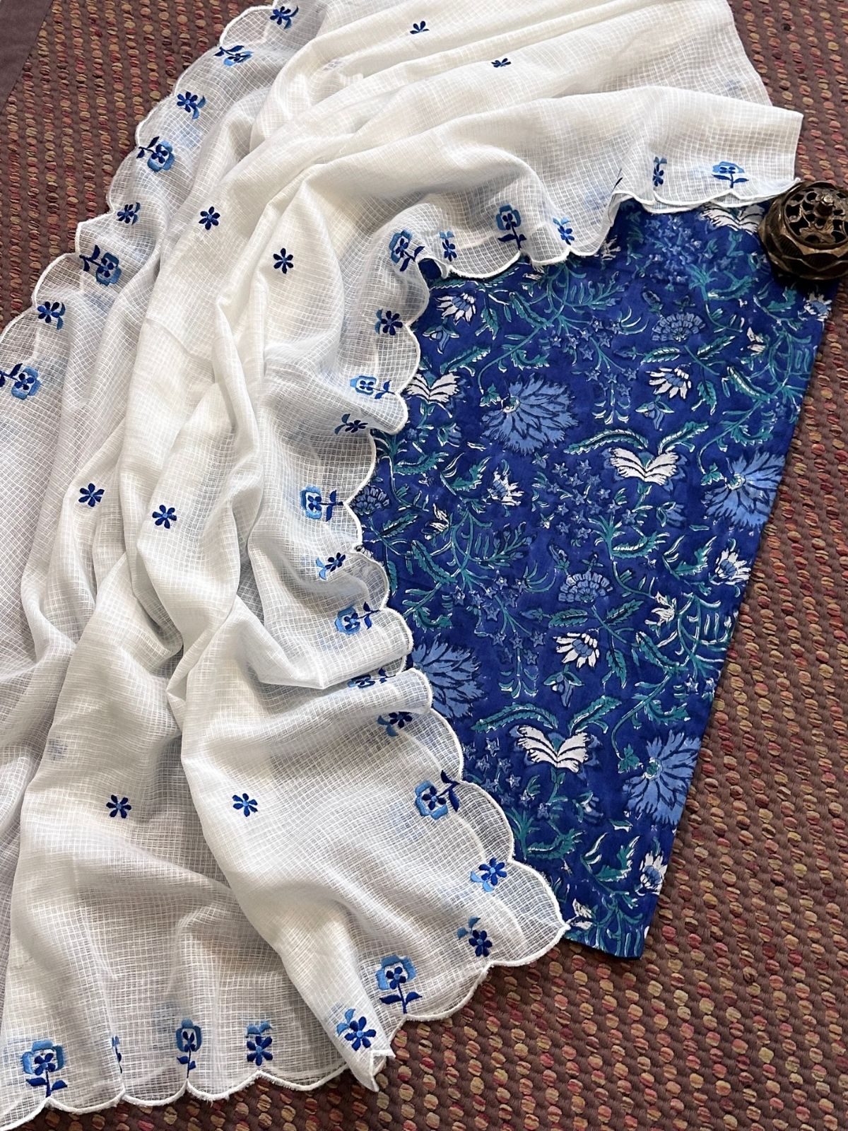 Pure Cotton Handblocked Fabric with Embroidered Dupatta