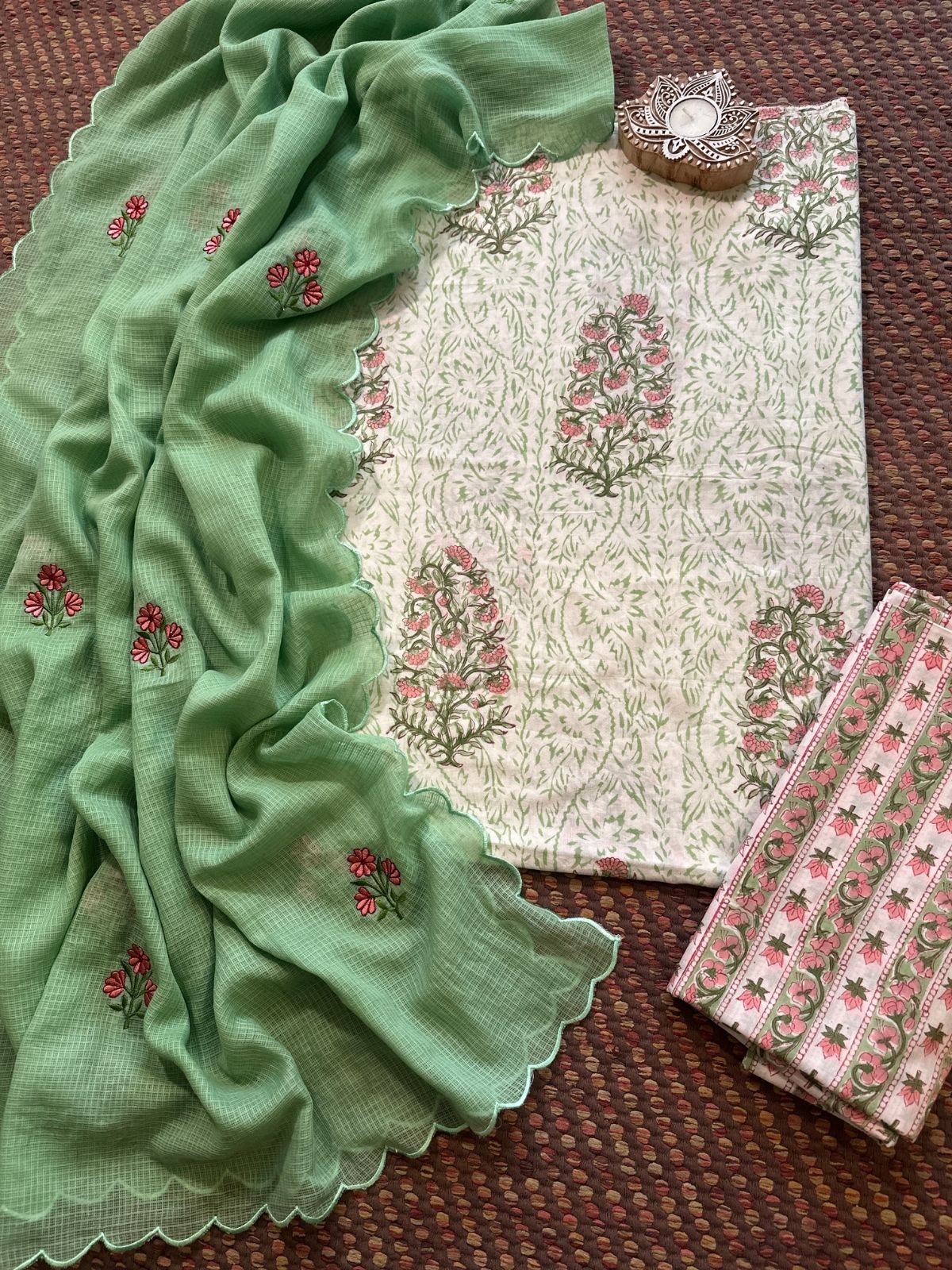 Pure Cotton  Hand blocked Set with Embroidered Dupatta