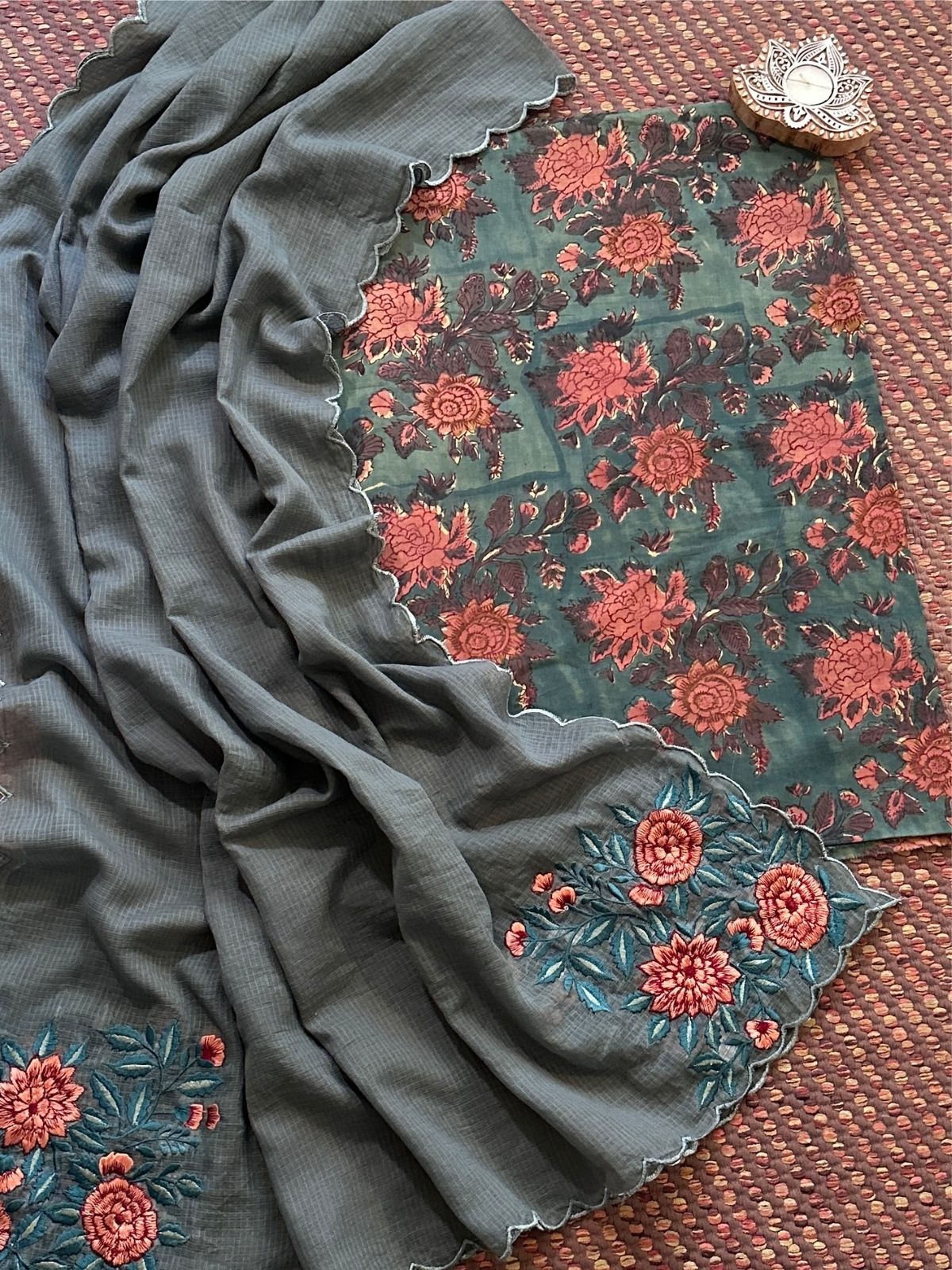 Pure Cotton Malmal Handblock Fabric with Embroidered Dupatta.