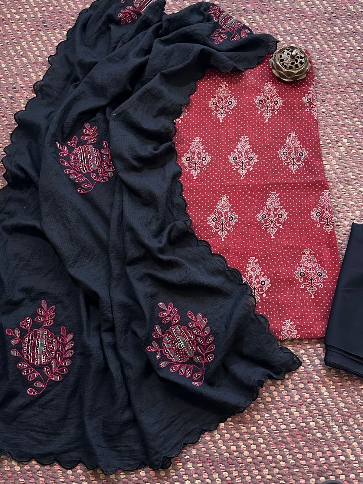 Ajrakh Cotton Malmal Unstitched Set with Applique Kota Dupatta