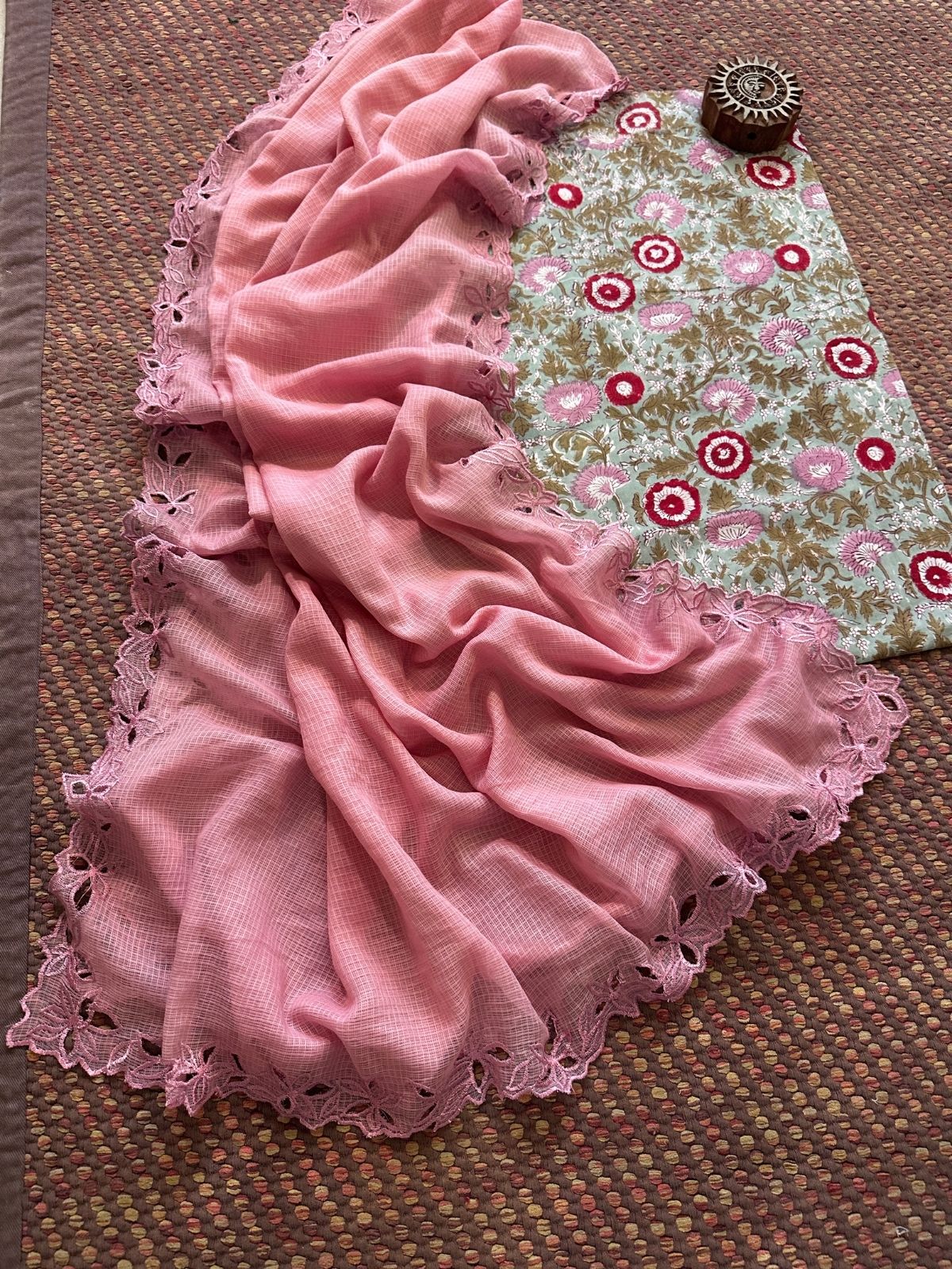Pure Cotton Handblock Fabric with Cutwork Embroidered Dupatta