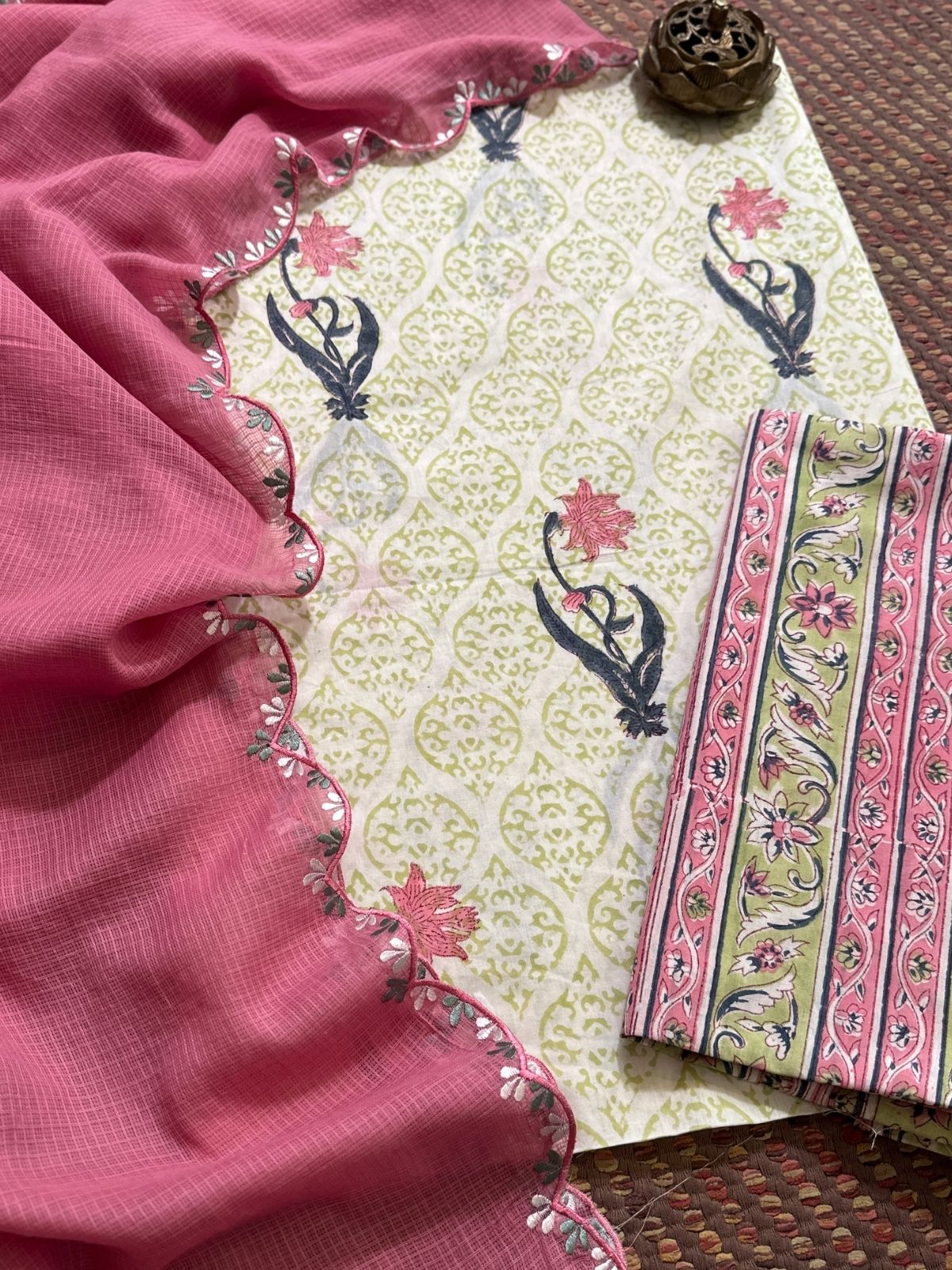 Pure Cotton Hand-blocked Set with Embroidered Dupatta