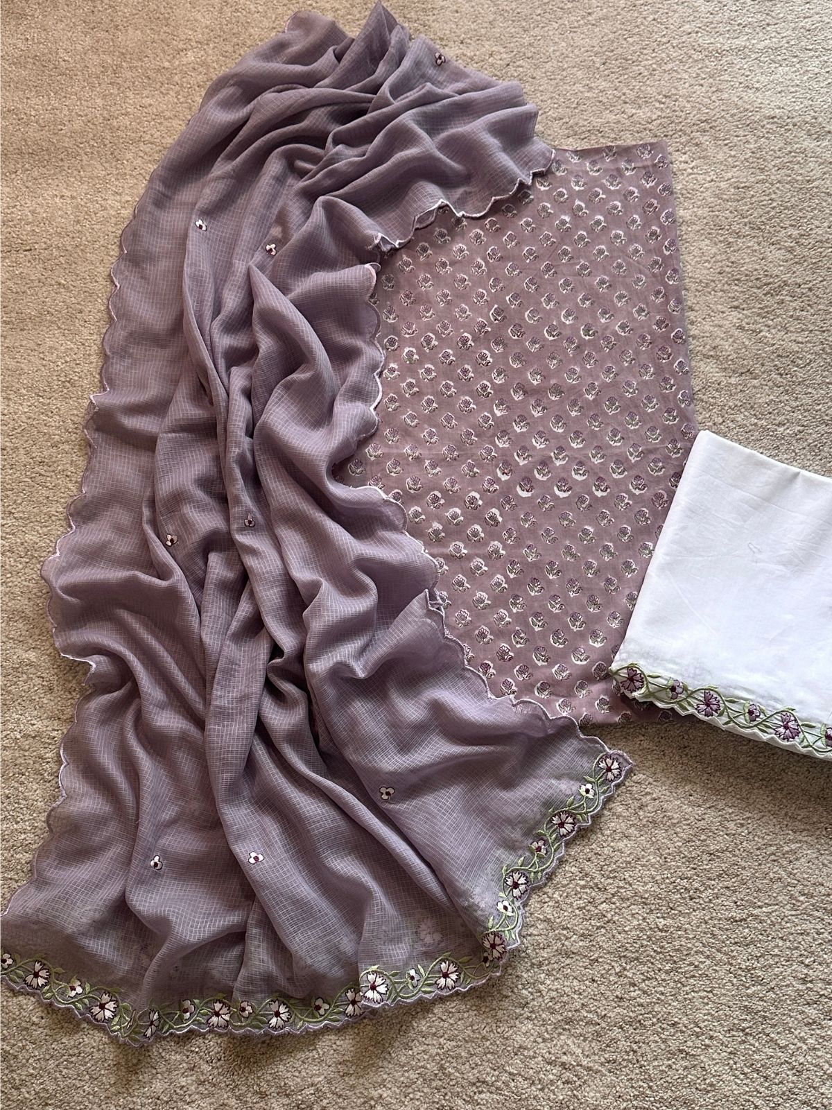Sandhya Set- Sanganeri Kurta fabric with Embroidered Bottom and Dupatta