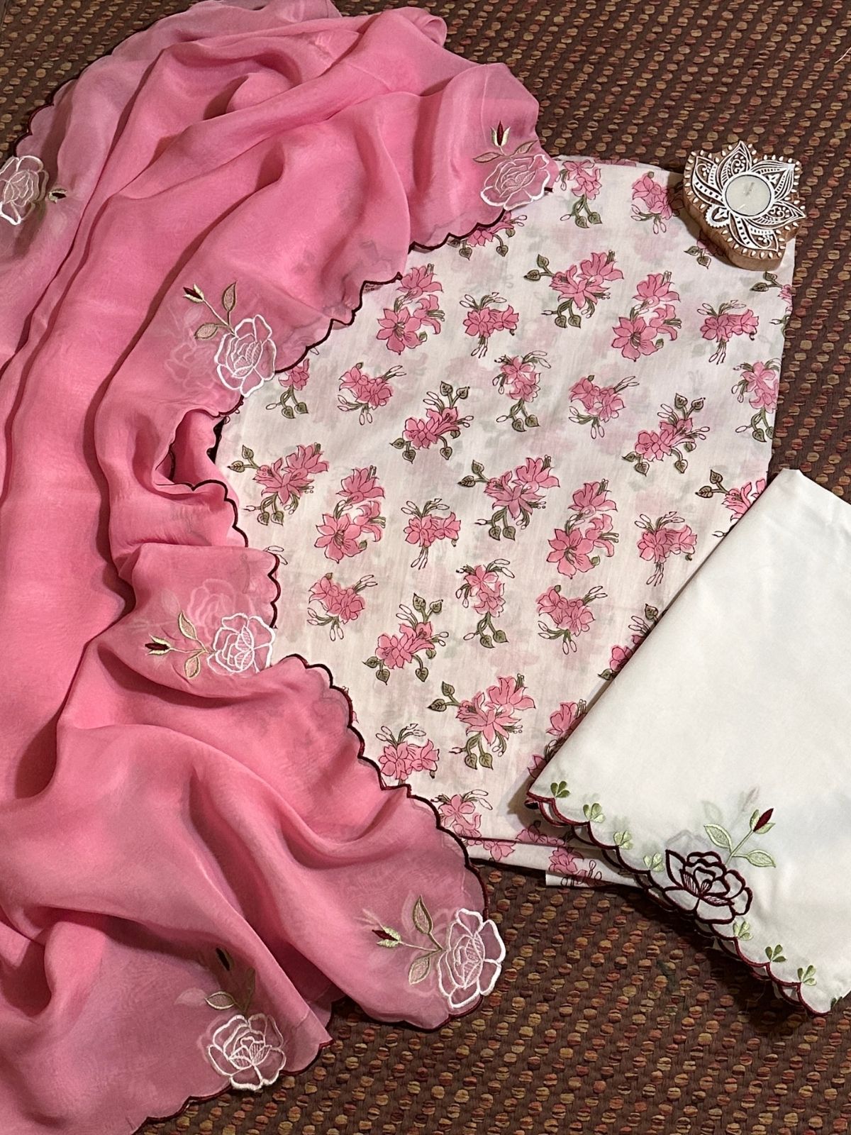 Pure Cotton Handblocked unstitched fabric with Embroidered Organza Dupatta & cotton cambric bottom.