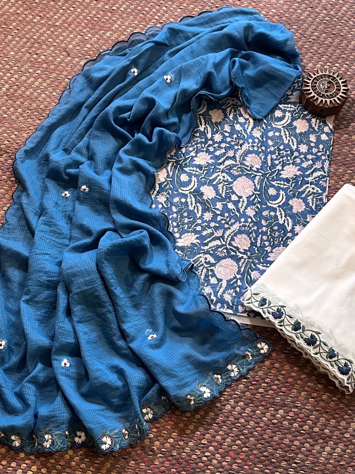 Pure Cotton Hand-block Fabric with Embroidered Bottom & Kota Doria Dupatta