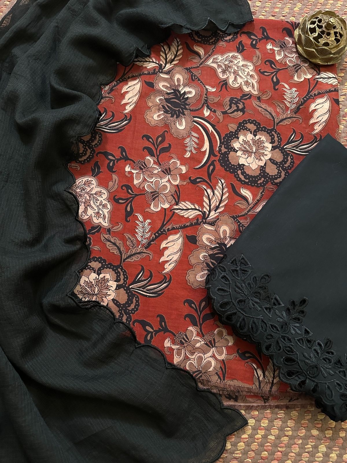 Pure Cotton Premium Malmal Unstitched Set with Cutwork Bottom