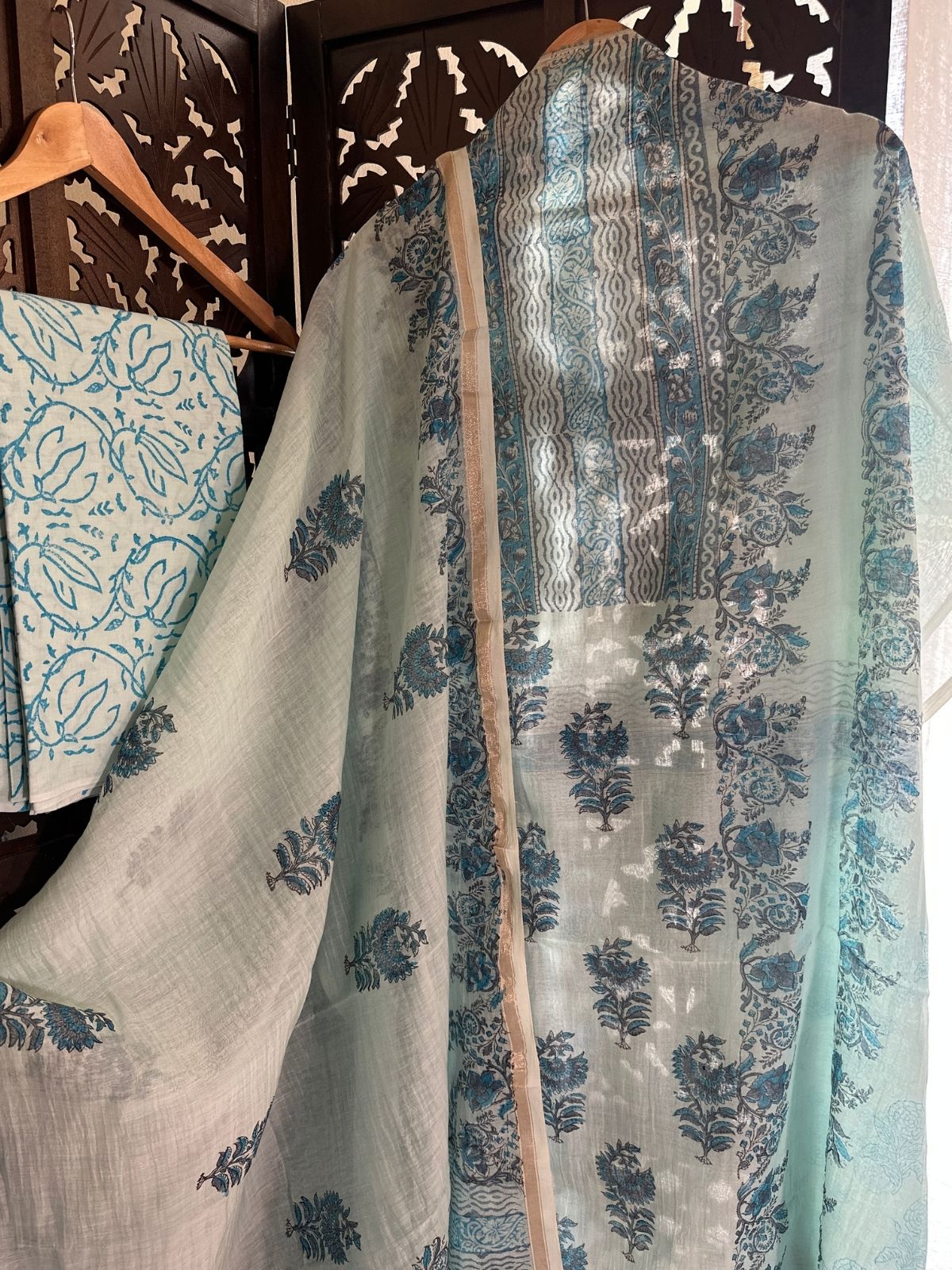 Premium Hand-blocked Malmal Maheswari Unstitched Set