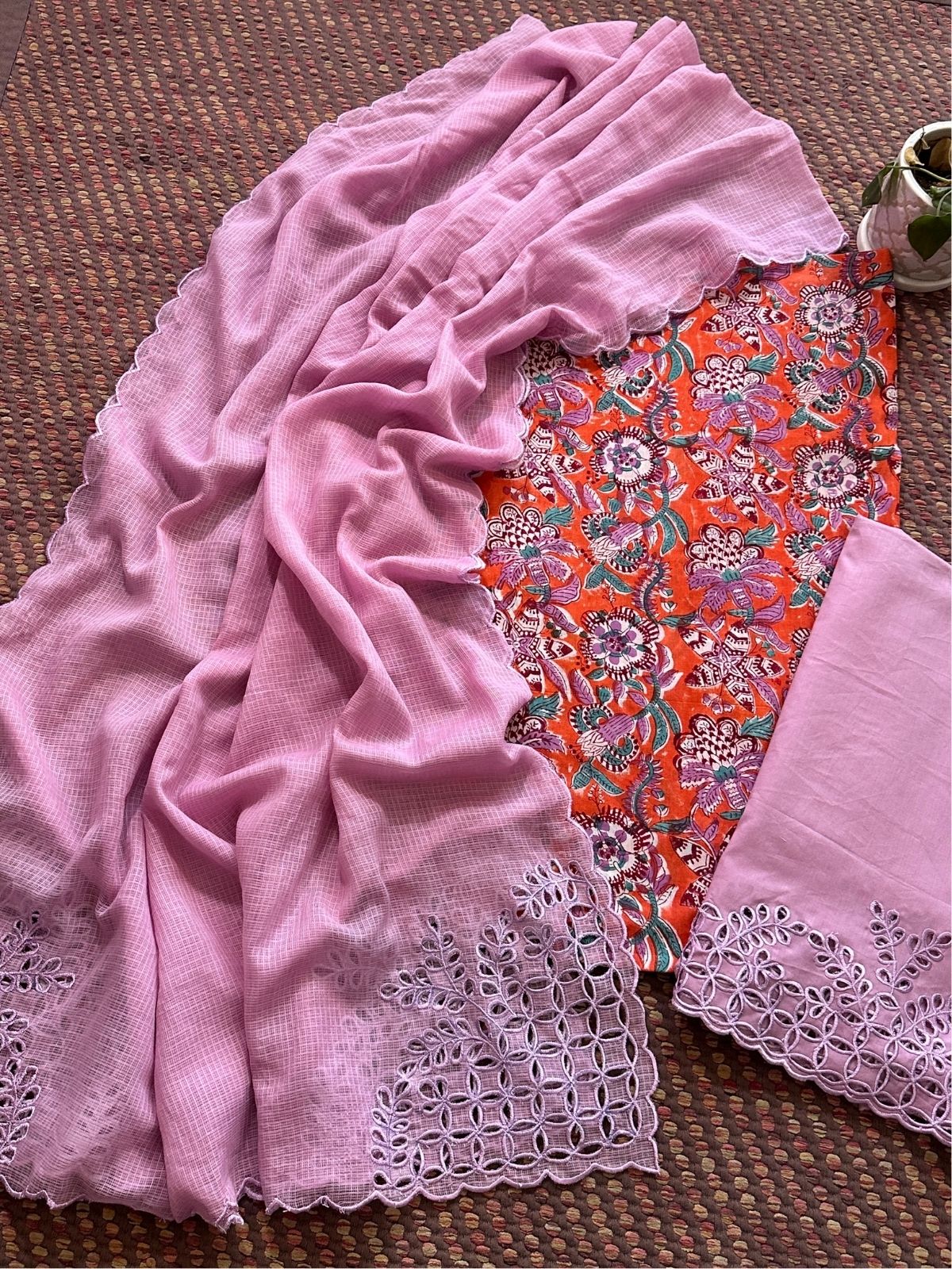 Pure Cotton Hand-blocked Fabric with Cutwork Bottom & Kota Doria Dupatta