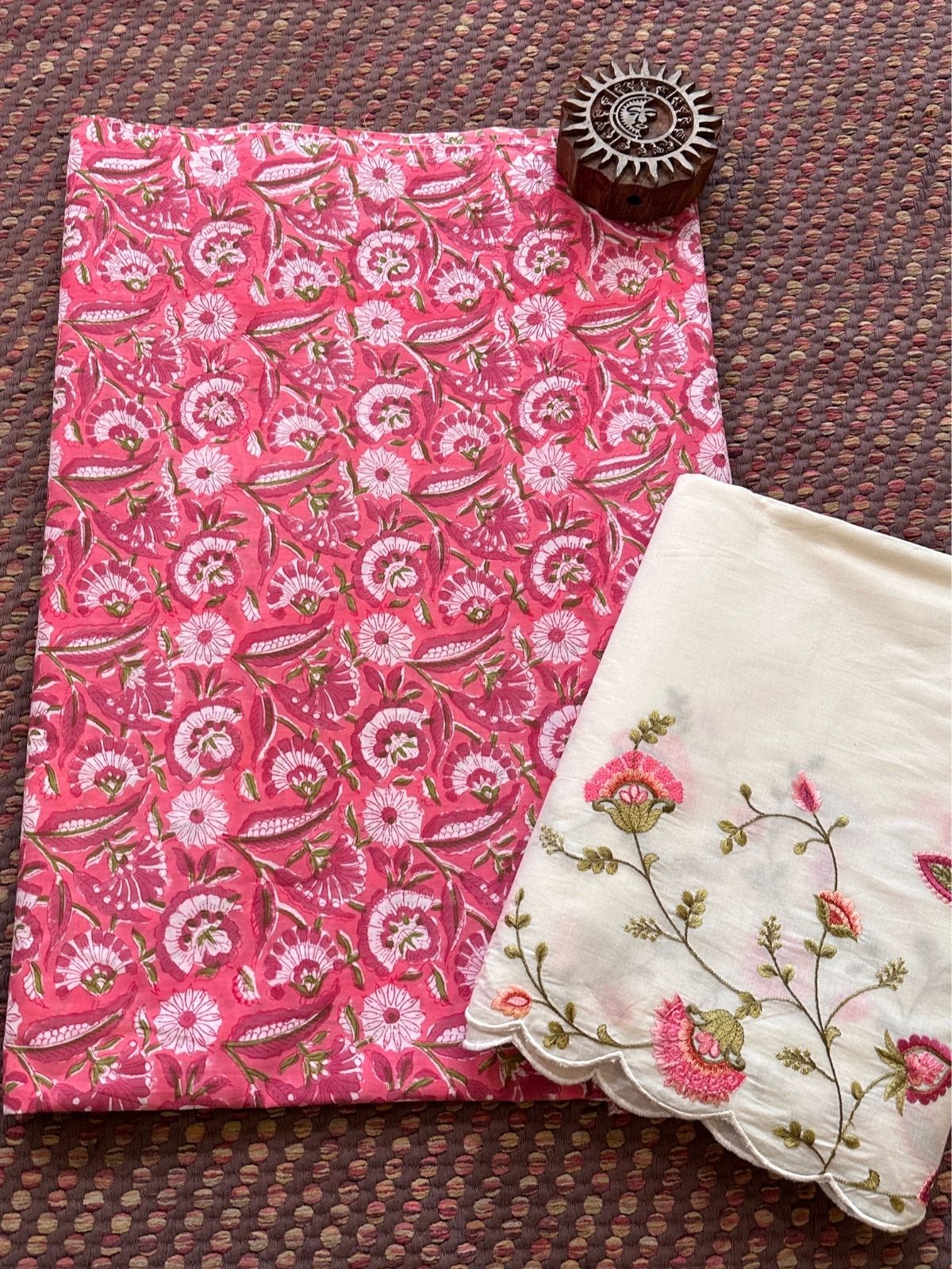 Pure Cotton Hand-blocked Fabric with Embroidered Bottom