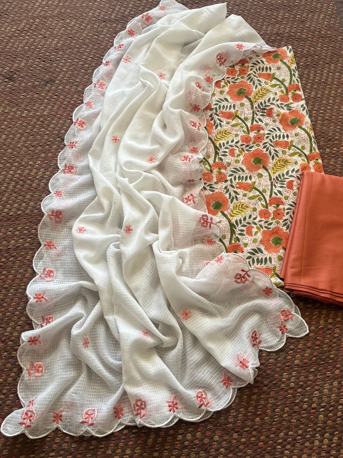 Pure Cotton Hand-blocked Set with Embroidered Dupatta