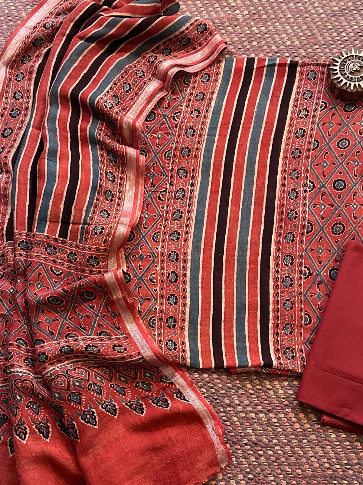 Linen Ajrakh Hand- Block Unstitched Set