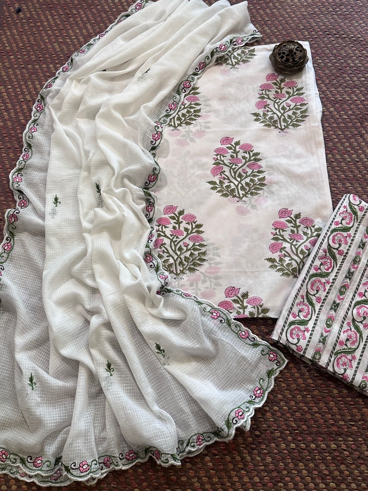 Pure Cotton  Hand blocked Set with Embroidered Dupatta