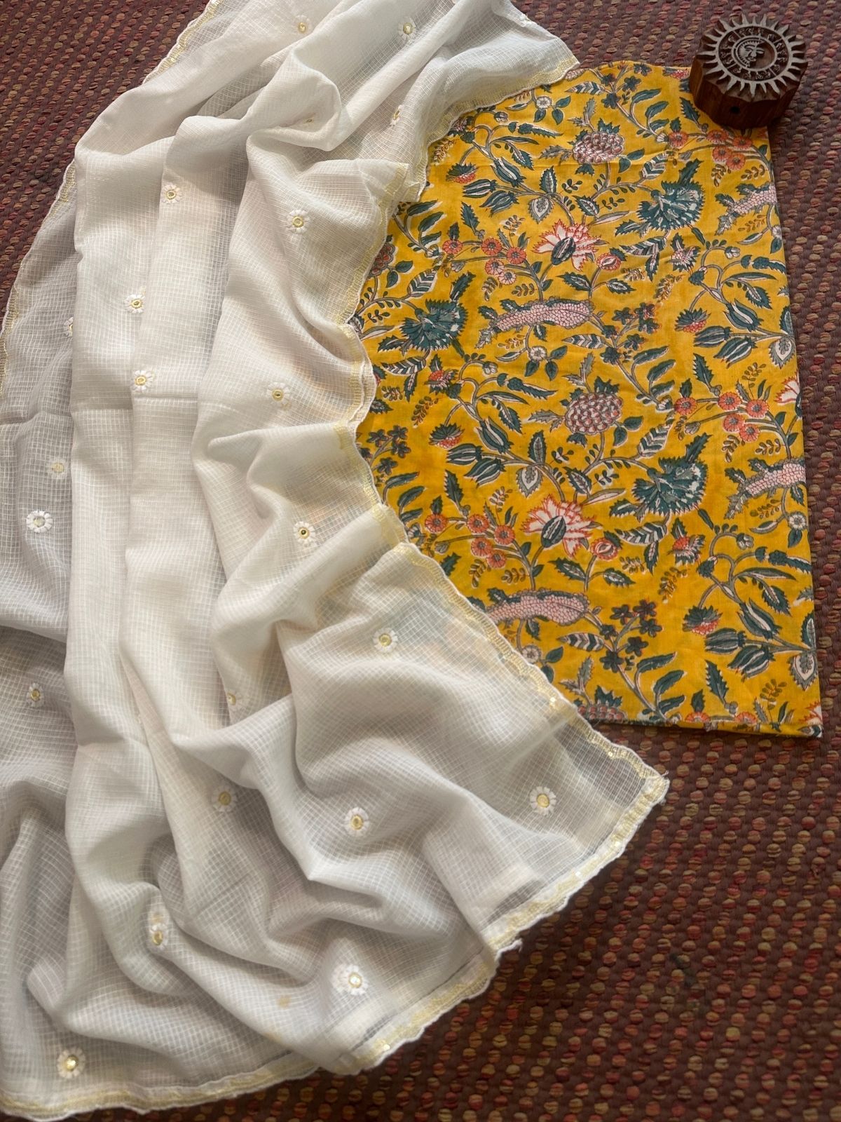 Pure cotton hand-blocked fabric with kota doria embroidered dupatta