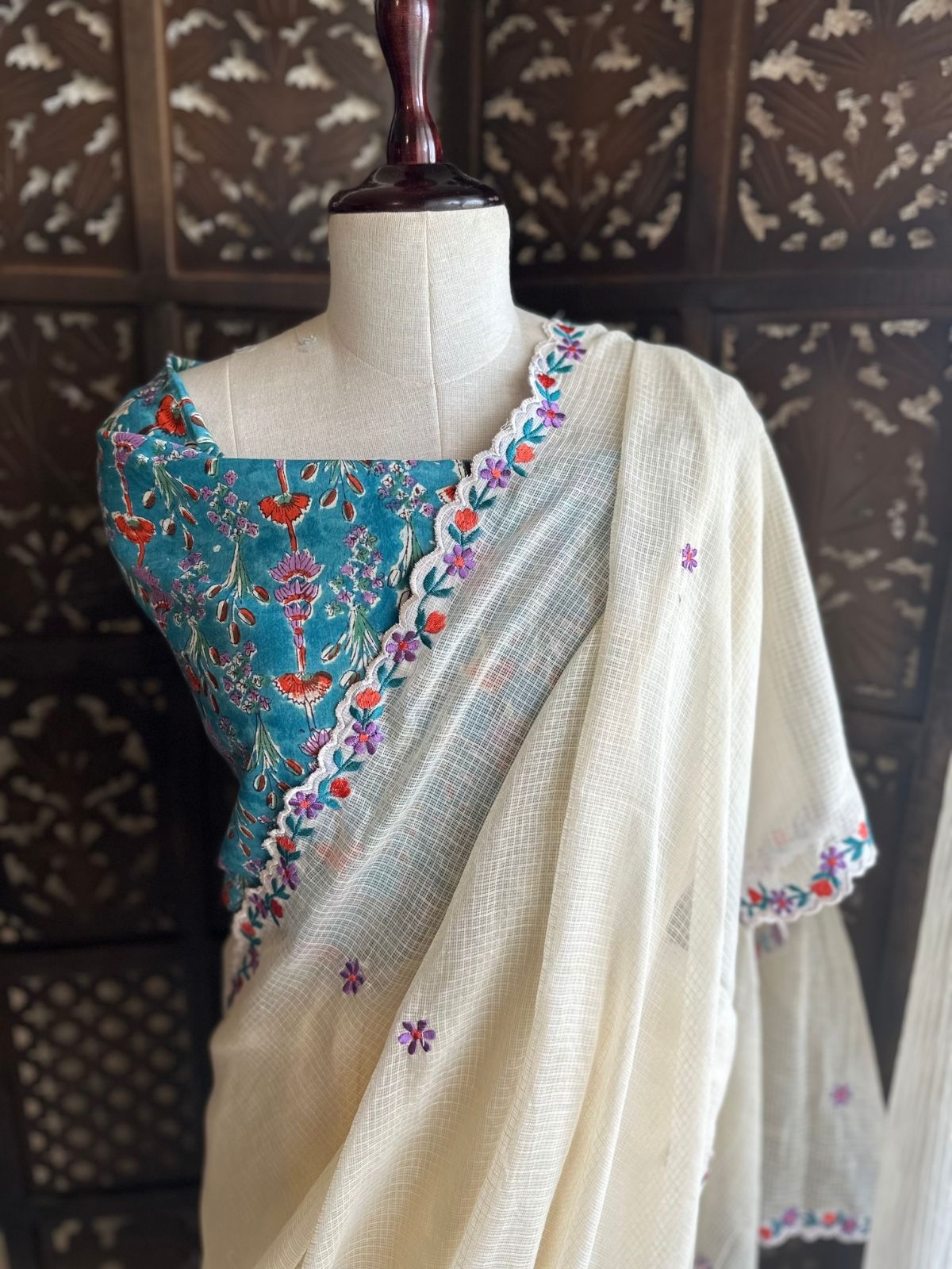 Kota Doria Embroidered Saree with Hand Block Blouse fabric