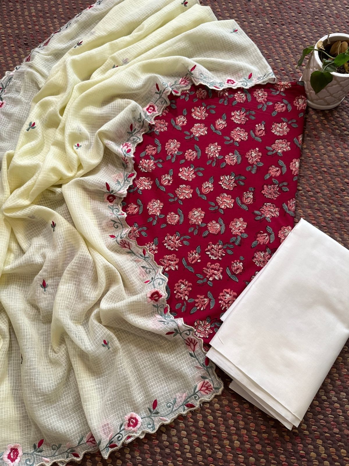 Pure Cotton Hand-block Fabric set with Embroidered Kota Doria Dupatta