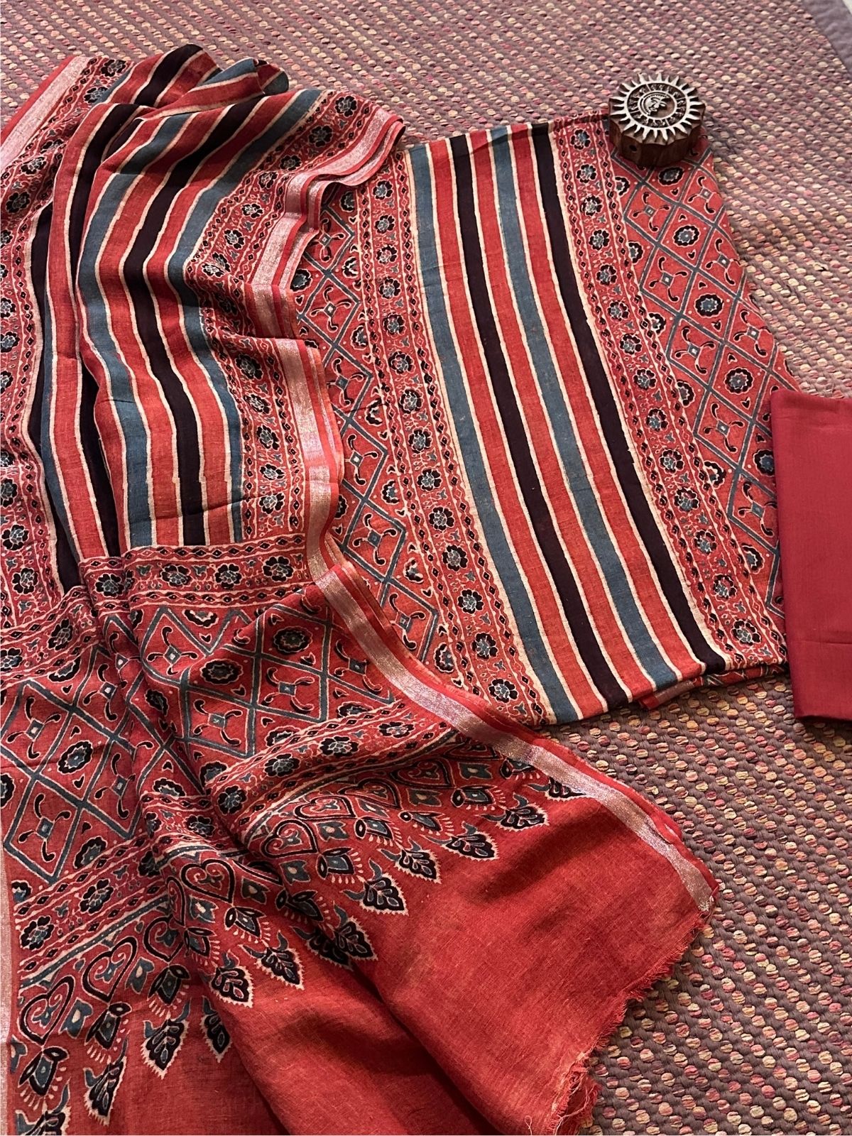 Linen Ajrakh Hand- Block Unstitched Set