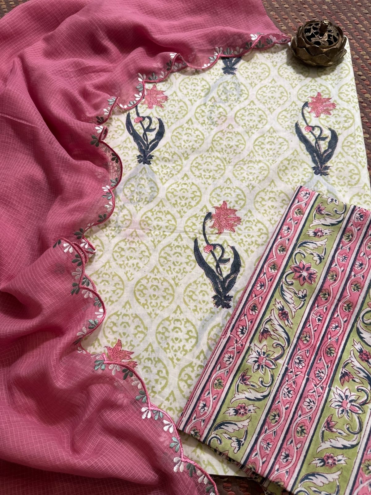 Pure Cotton Hand-blocked Set with Embroidered Dupatta