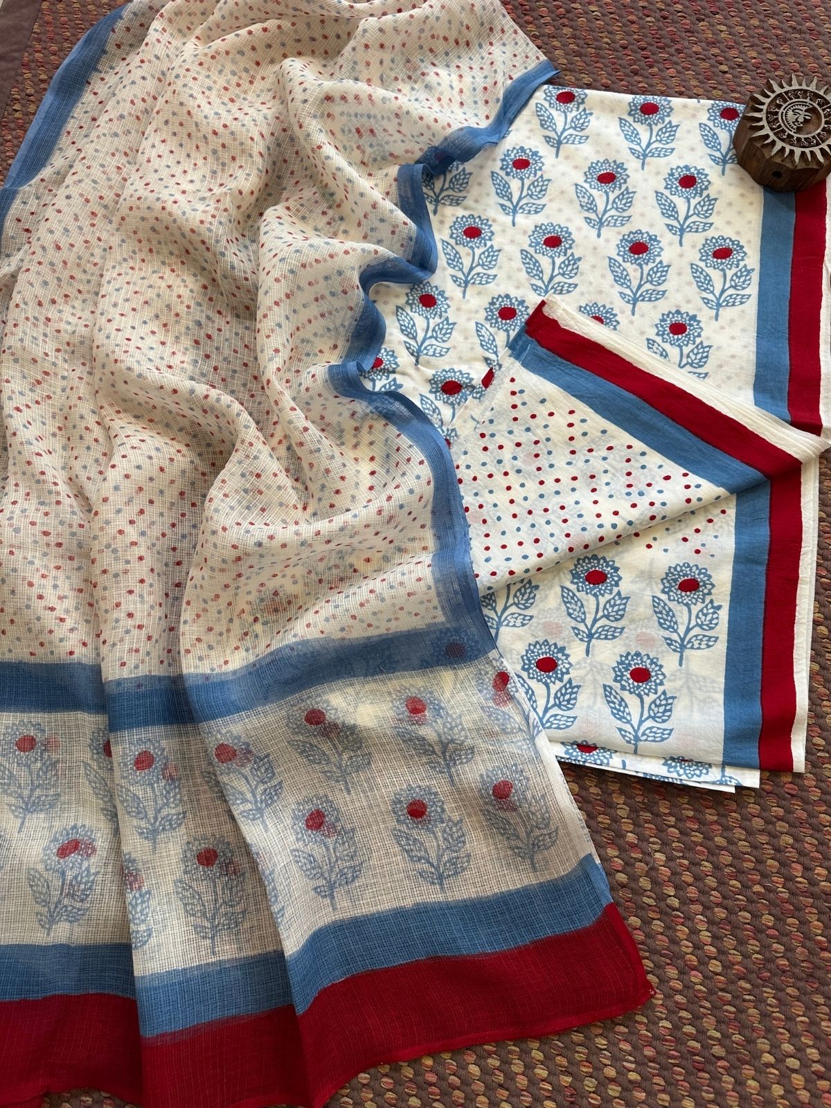 Pure Handblcoked Cotton Unstitched Set with Handblocked Kota Dupatta