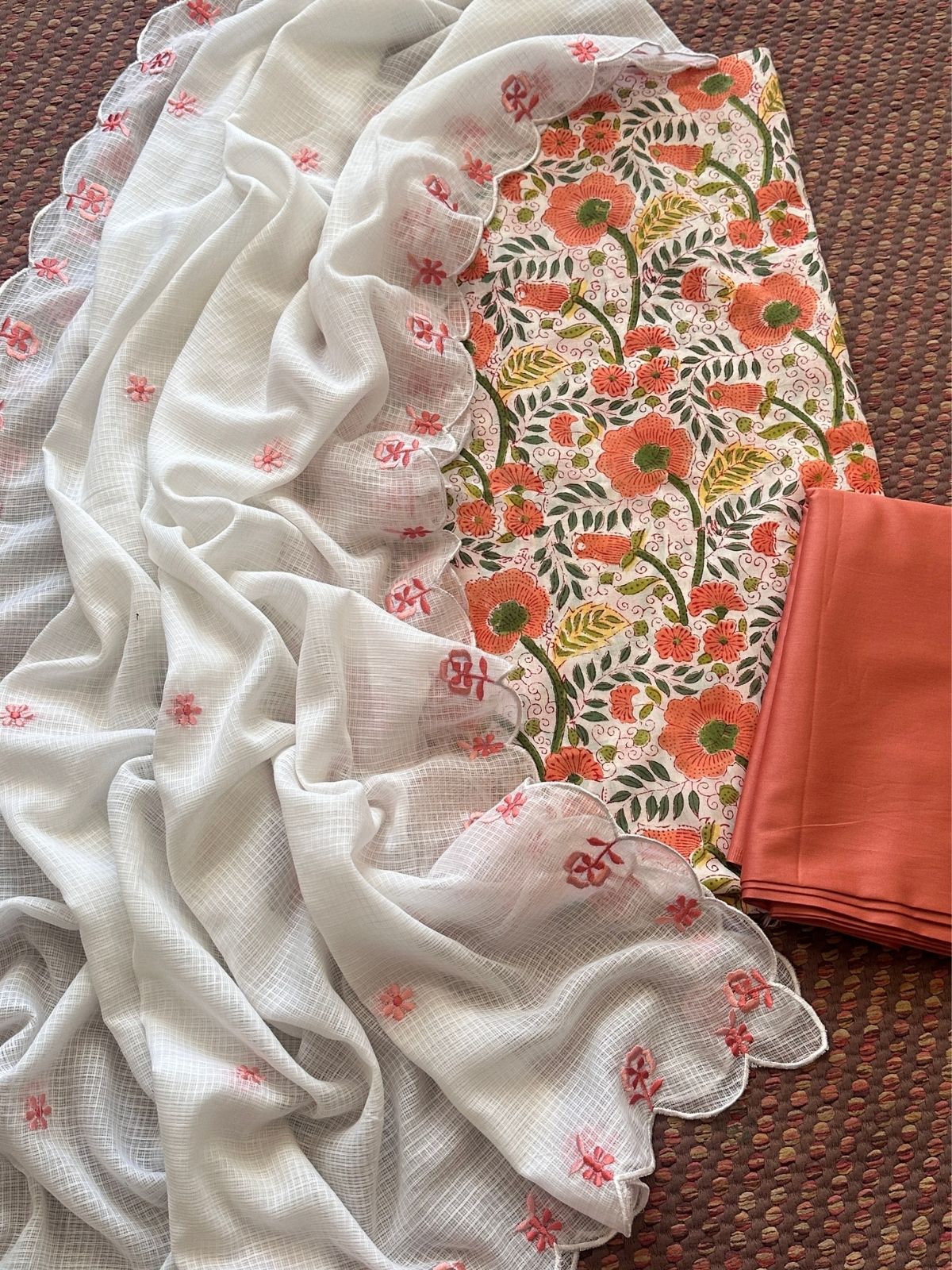 Pure Cotton Hand-blocked Set with Embroidered Dupatta