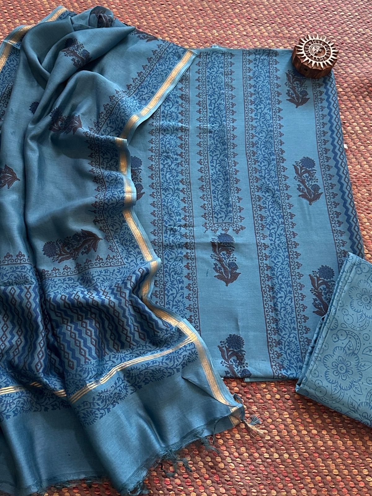 Hand-blocked Maheswari Unstitched Set