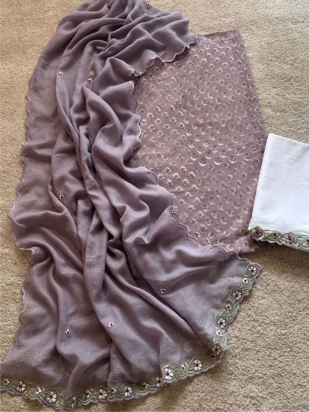 Sandhya Set- Sanganeri Kurta fabric with Embroidered Bottom and Dupatta