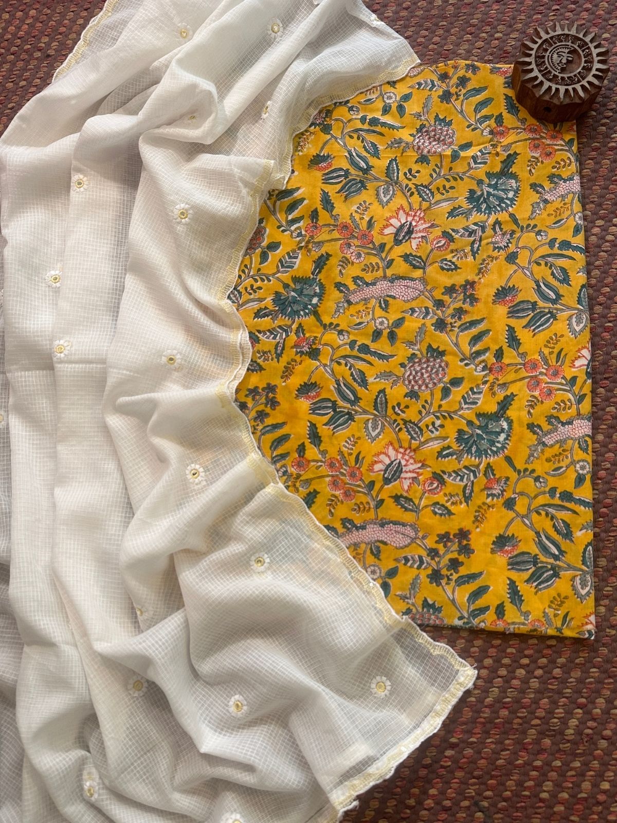 Pure cotton hand-blocked fabric with kota doria embroidered dupatta