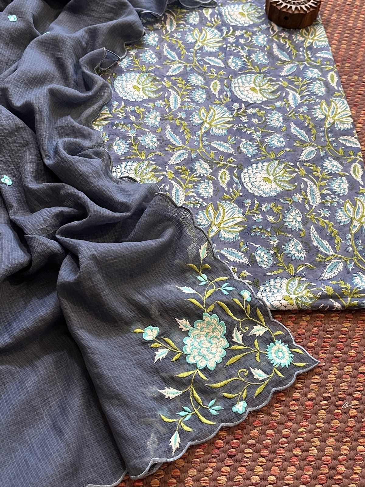Pure Cotton Handblock Fabric with Exclusive Embroidered Dupatta