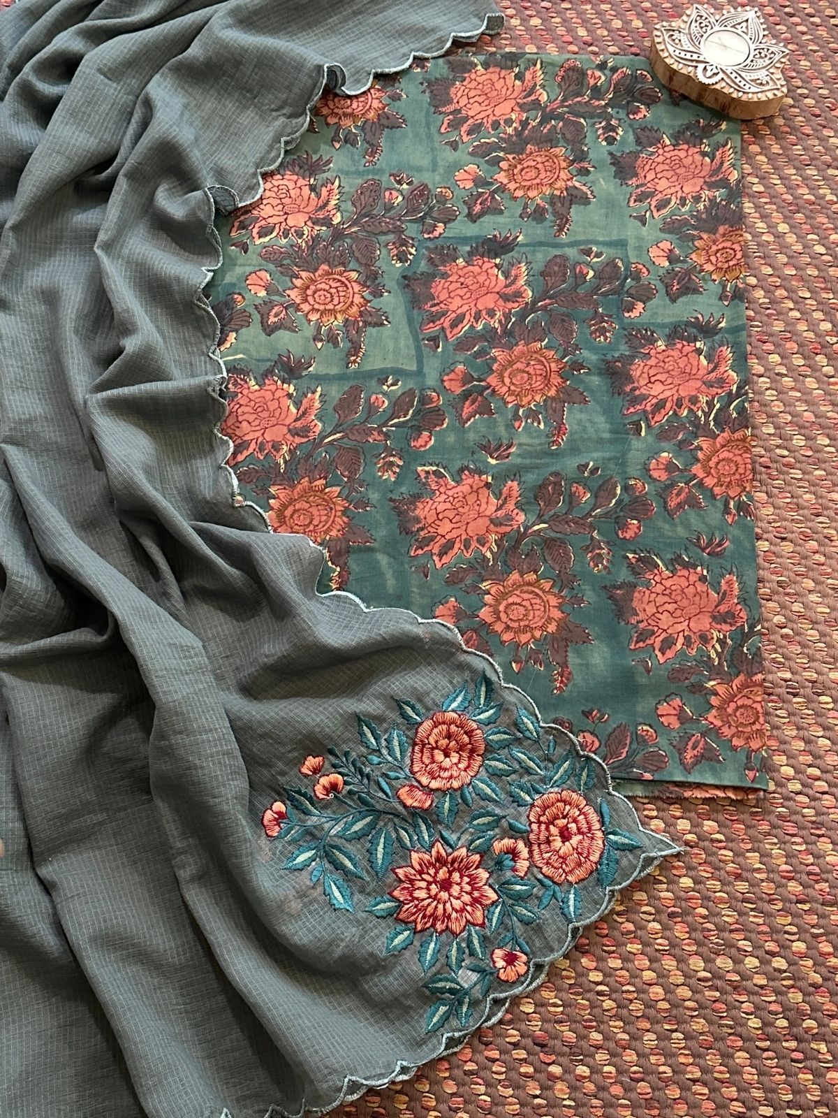 Pure Cotton Malmal Handblock Fabric with Embroidered Dupatta.