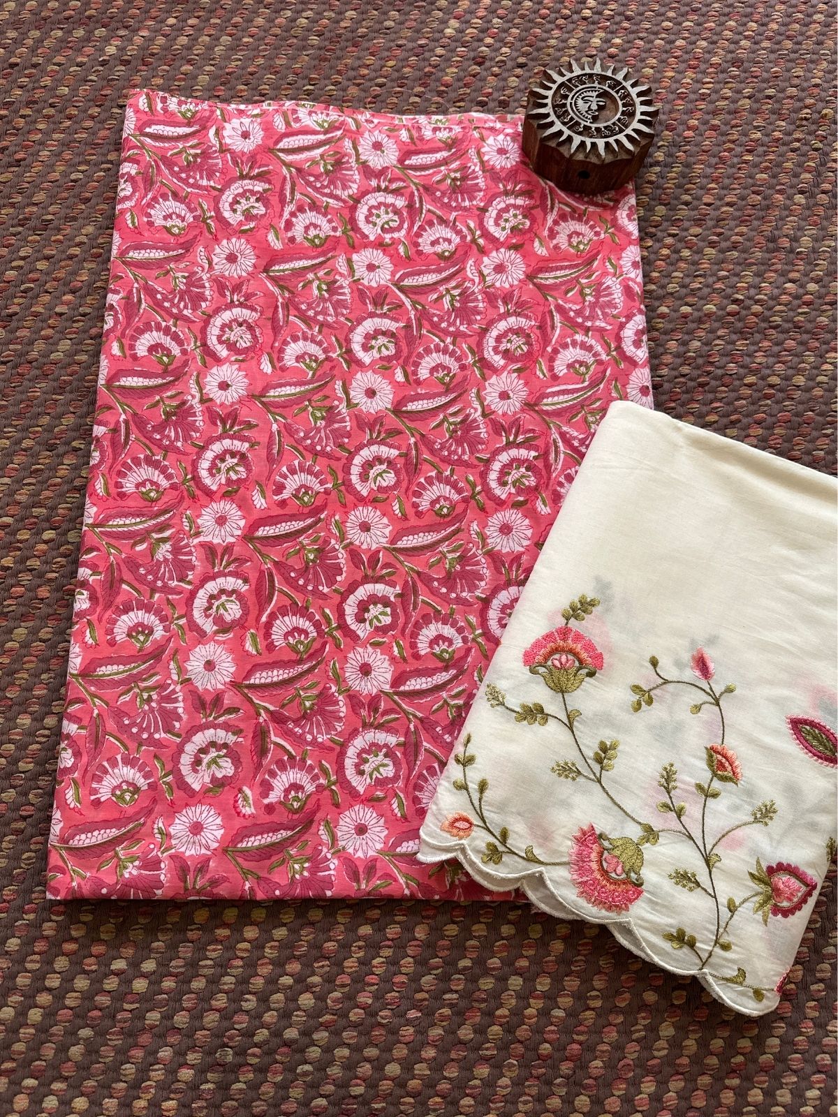Pure Cotton Hand-blocked Fabric with Embroidered Bottom