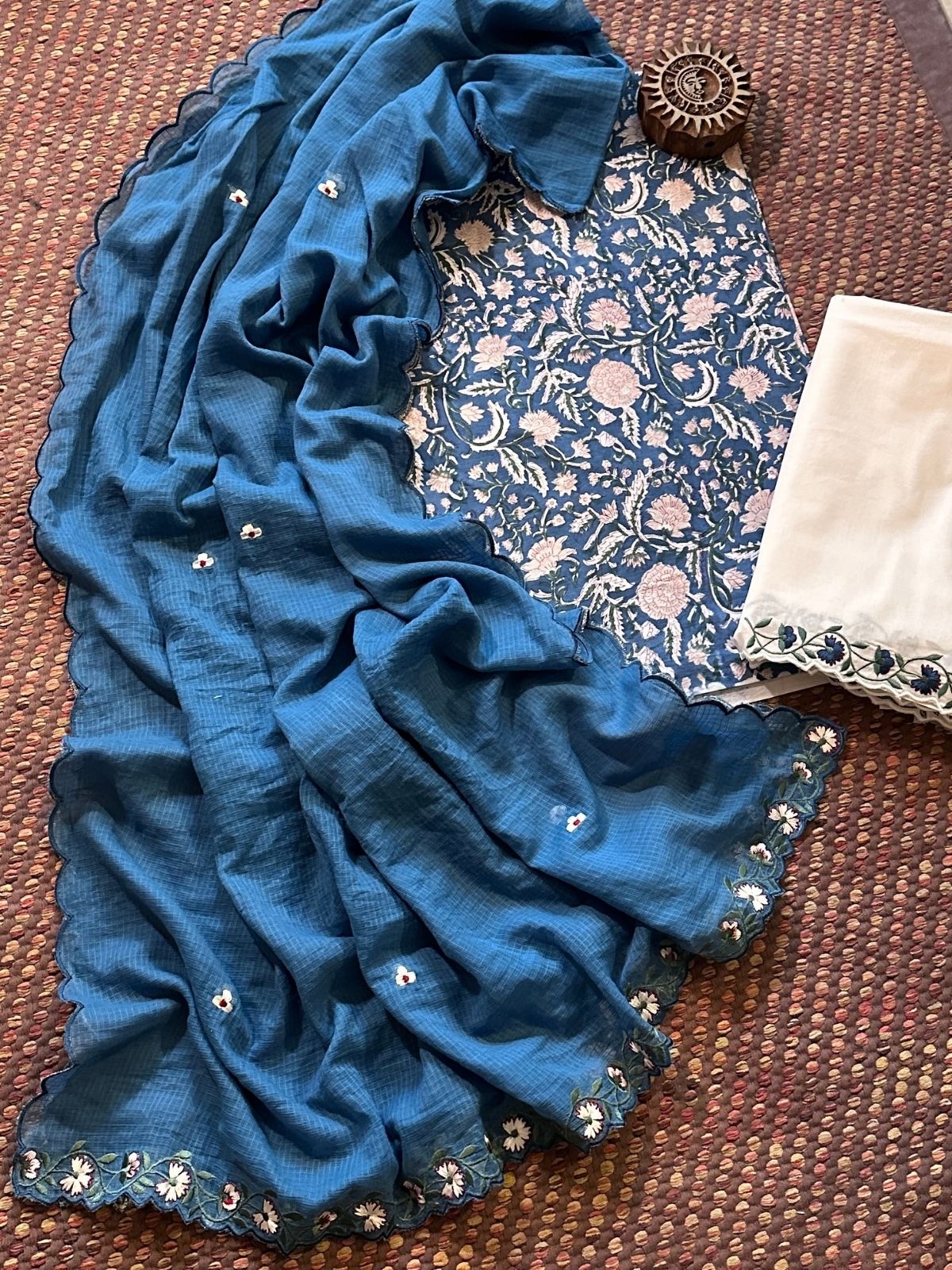 Pure Cotton Hand-block Fabric with Embroidered Bottom & Kota Doria Dupatta