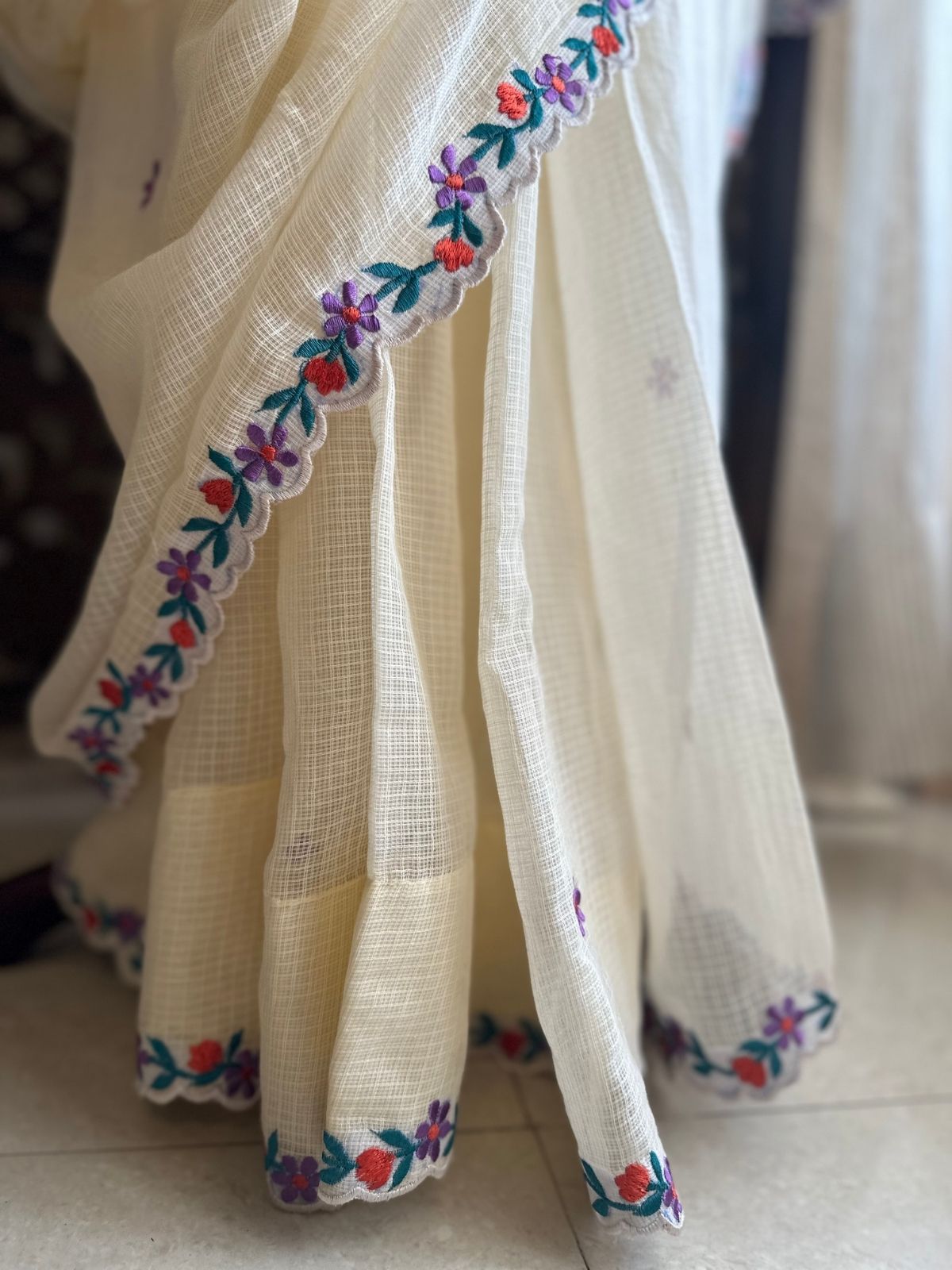 Kota Doria Embroidered Saree with Hand Block Blouse fabric